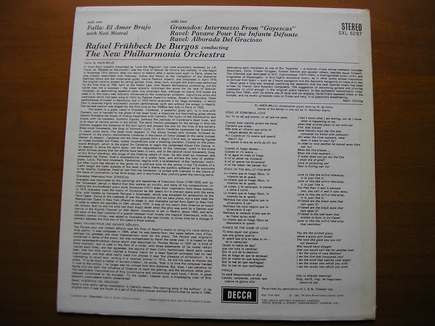 SXL 6287 FALLA / GRANADOS / RAVEL: ORCHESTRAL WORKS DE BURGOS / NEW PHILHARMONIA ED3