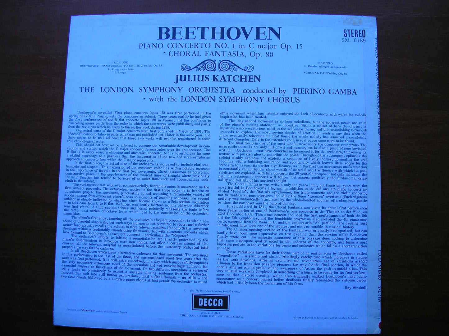 BEETHOVEN: PIANO CONCERTO No. 1 / CHORAL FANTASIA KATCHEN / LONDON SYMPHONY / GAMBA SXL 6189