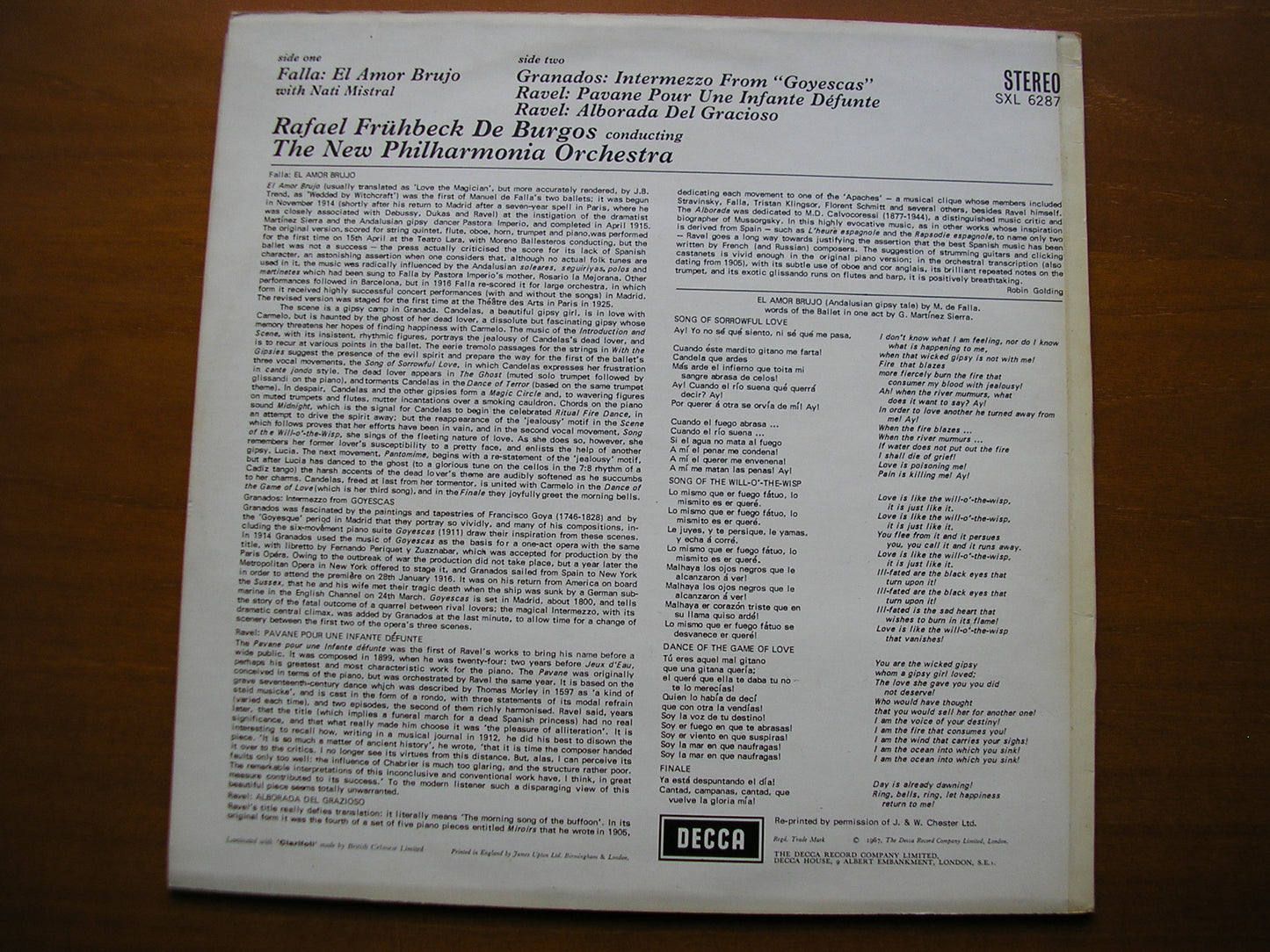 SXL 6287 FALLA / GRANADOS / RAVEL: ORCHESTRAL WORKS DE BURGOS / NEW PHILHARMONIA ED4