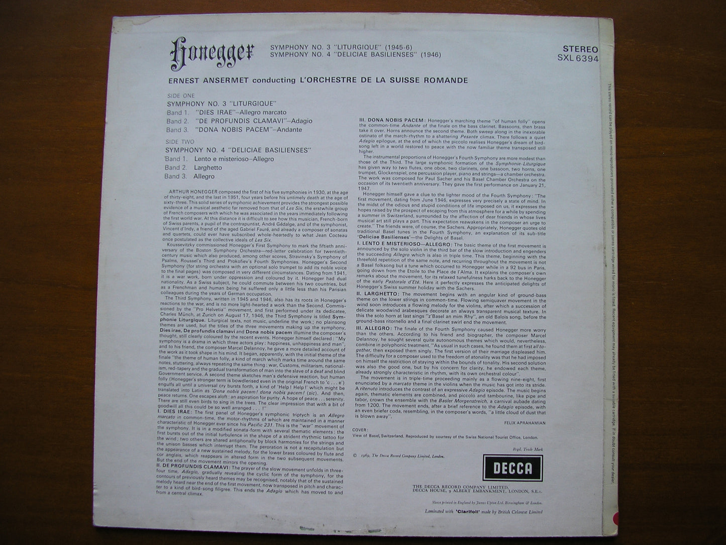 SXL 6394: HONEGGER: SYMPHONIES Nos. 3 & 4 ANSERMET / SUISSE ROMANDE ED3