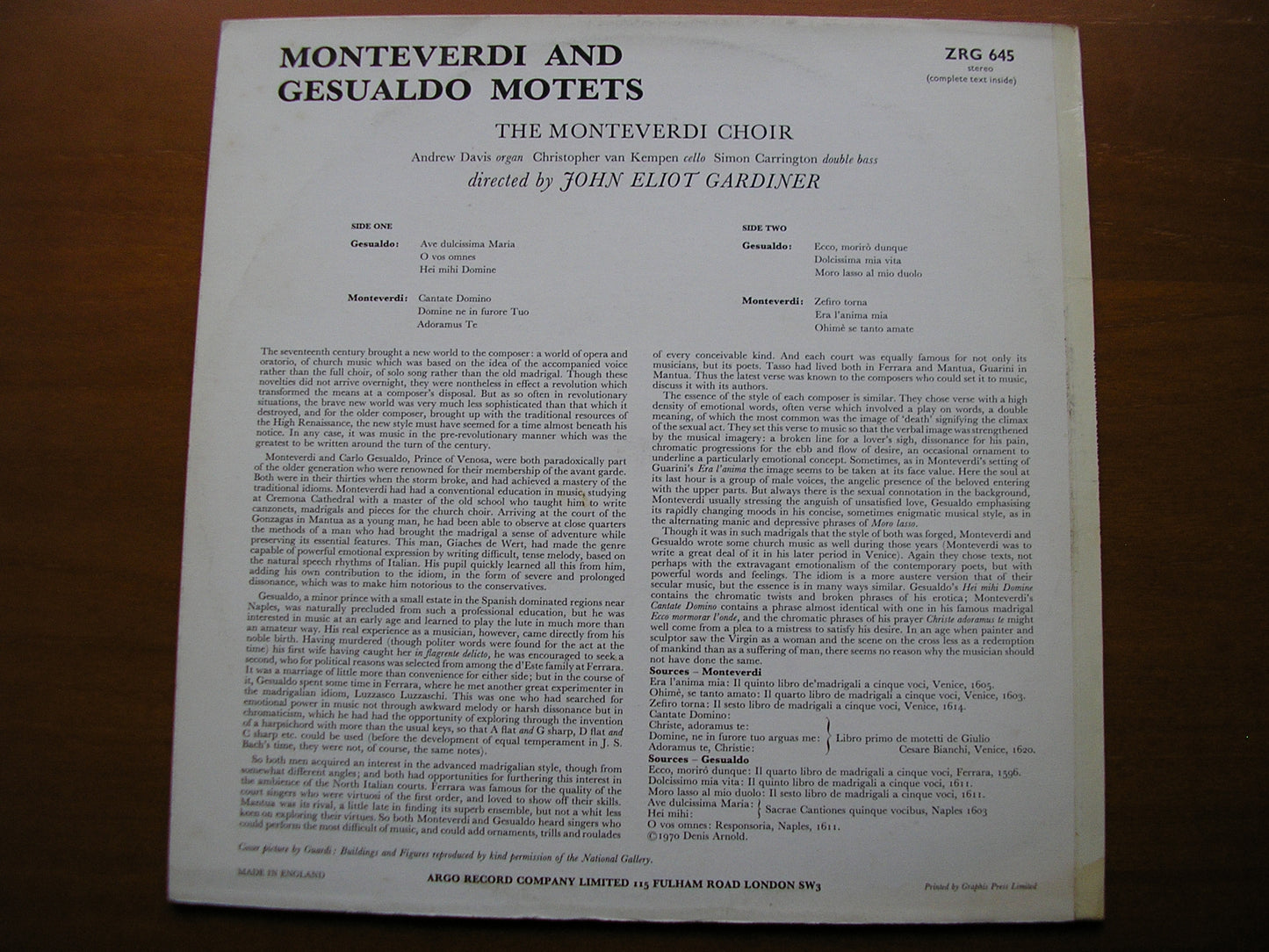 MONTEVERDI & GESUALDO: MOTETS & MADRIGALS MONTEVERDI CHOIR / GARDINER ZRG 645