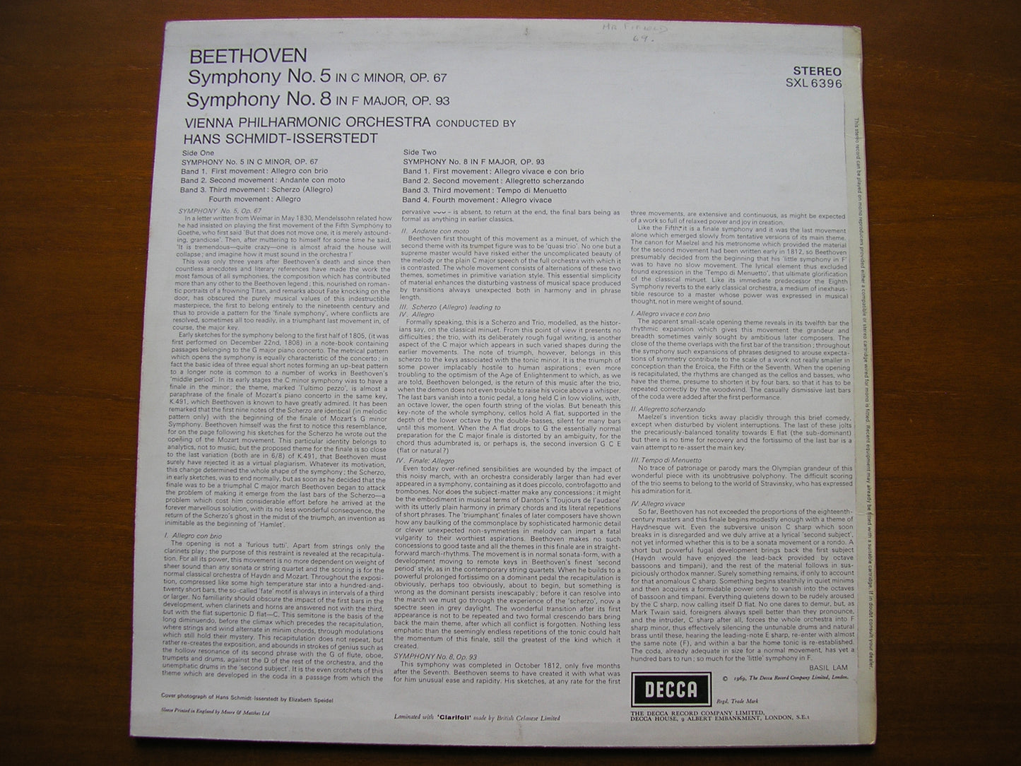 SXL 6396 BEETHOVEN: SYMPHONIES Nos. 5 & 8 SCHMIDT-ISSERSTEDT / VIENNA PHILHARMONIC ED3