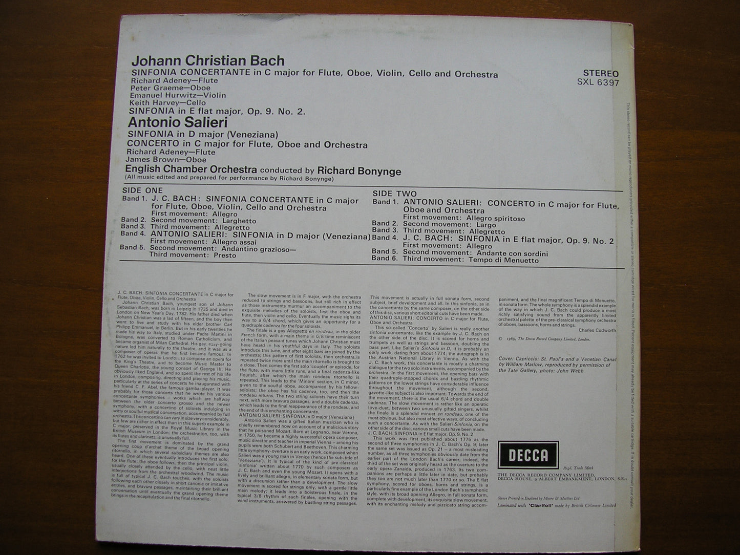 SXL 6397 JC BACH / SALIERI: ORCHESTRAL MUSIC BONYNGE / ENGLISH CHAMBER ORCHESTRA ED3