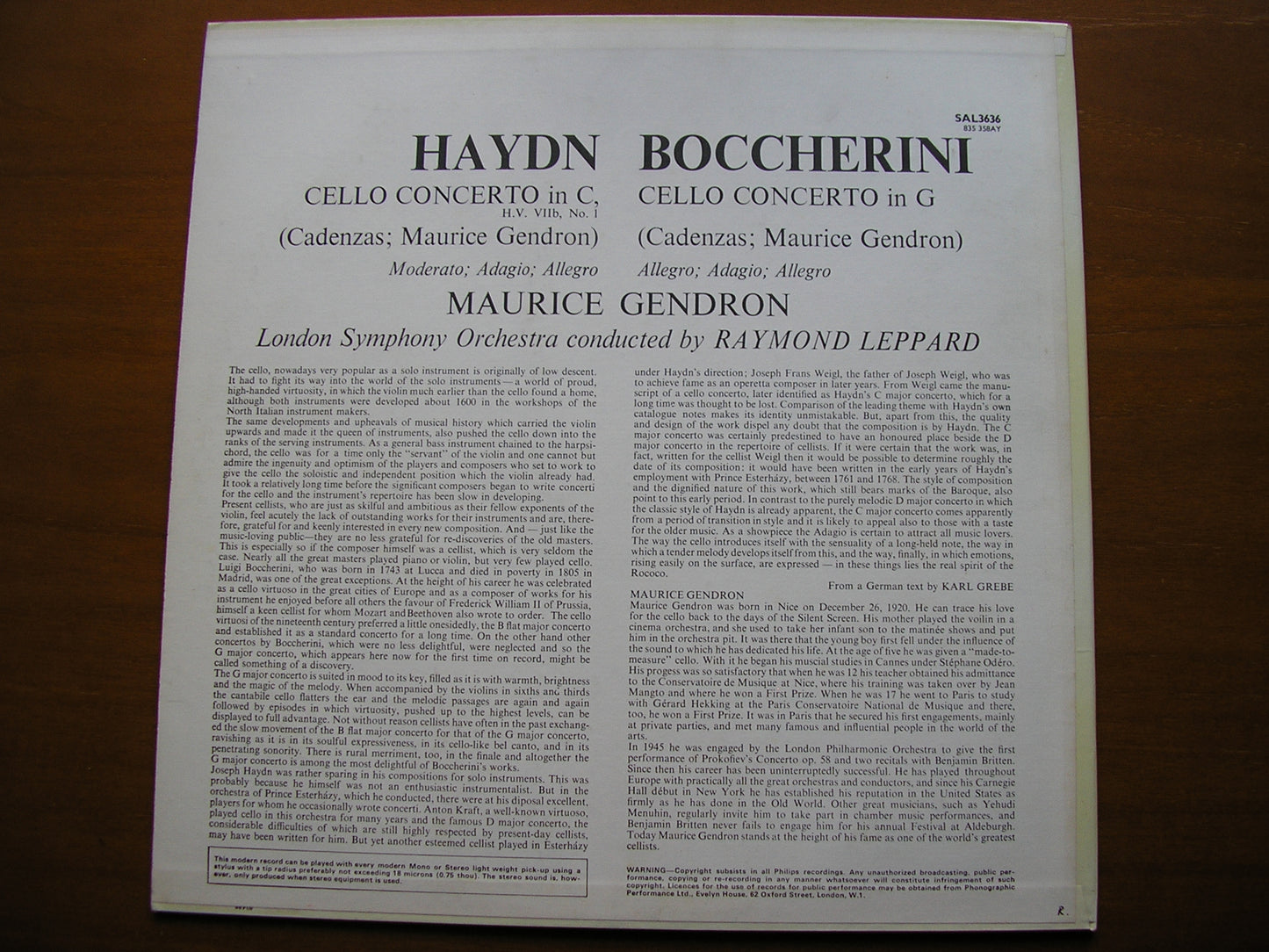 HAYDN & BOCCHERINI: CELLO CONCERTOS GENDRON / LONDON SYMPHONY / LEPPARD SAL 3636