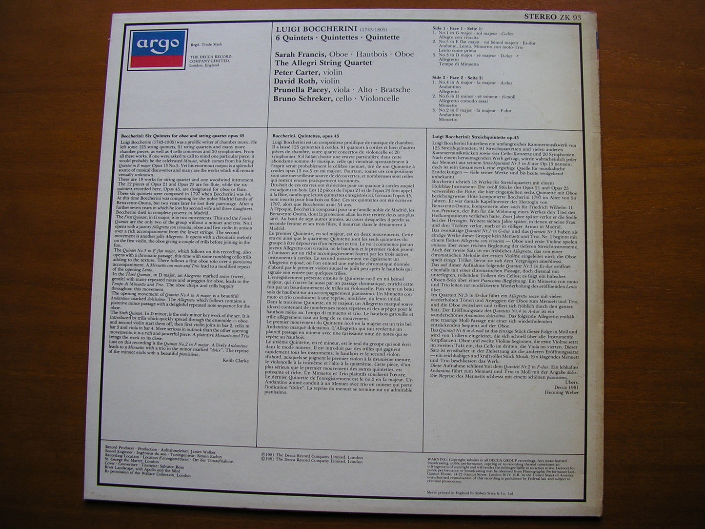 BOCCHERINI: SIX STRING QUINTETS Op. 45 FRANCIS / ALLEGRI STRING QUARTET ZK 93