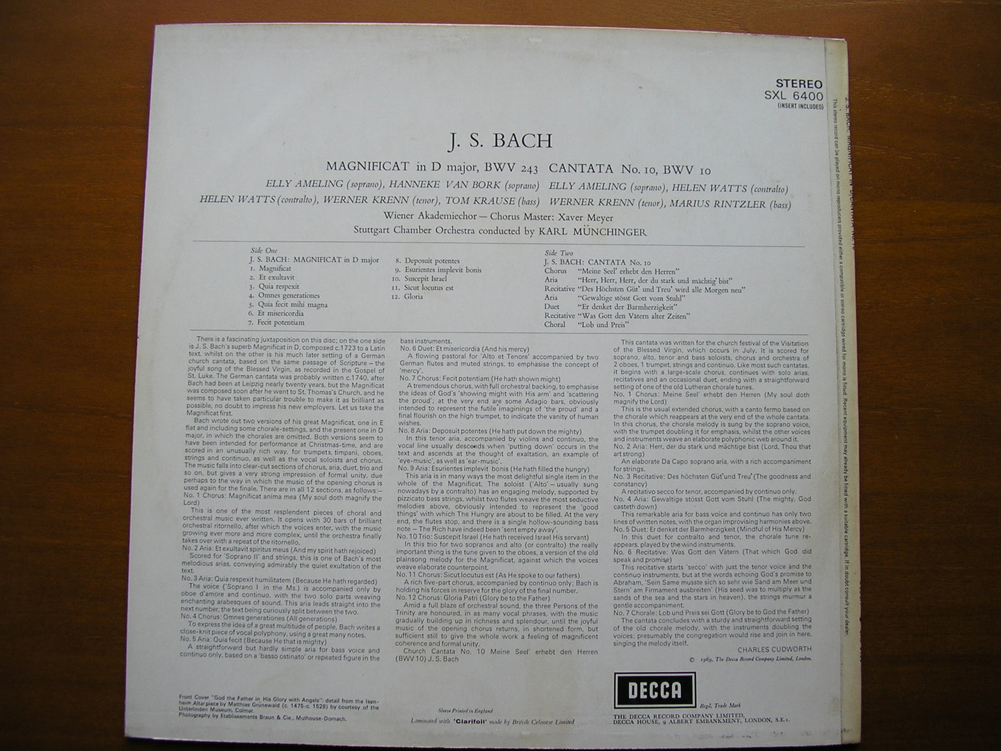 SXL 6400 BACH: MAGNIFICAT in D / CANTATA No. 10 SOLOISTS / STUTTGART CHAMBER ORCHESTRA / MUNCHINGER ED3