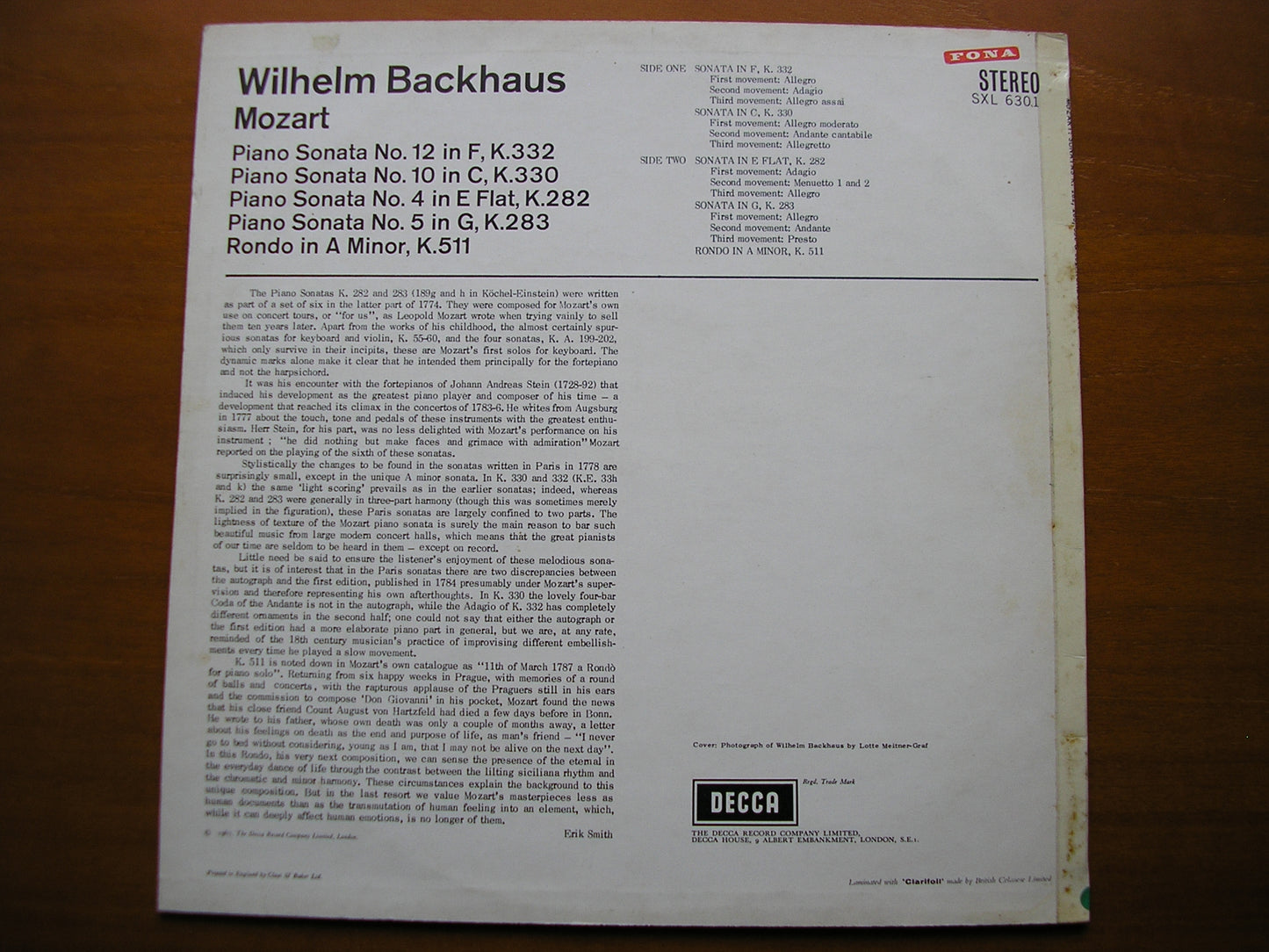 SXL 6301 MOZART: PIANO SONATAS Nos. 4 / 5 / 10 / 12 / Rondo WILHELM BACKHAUS ED2