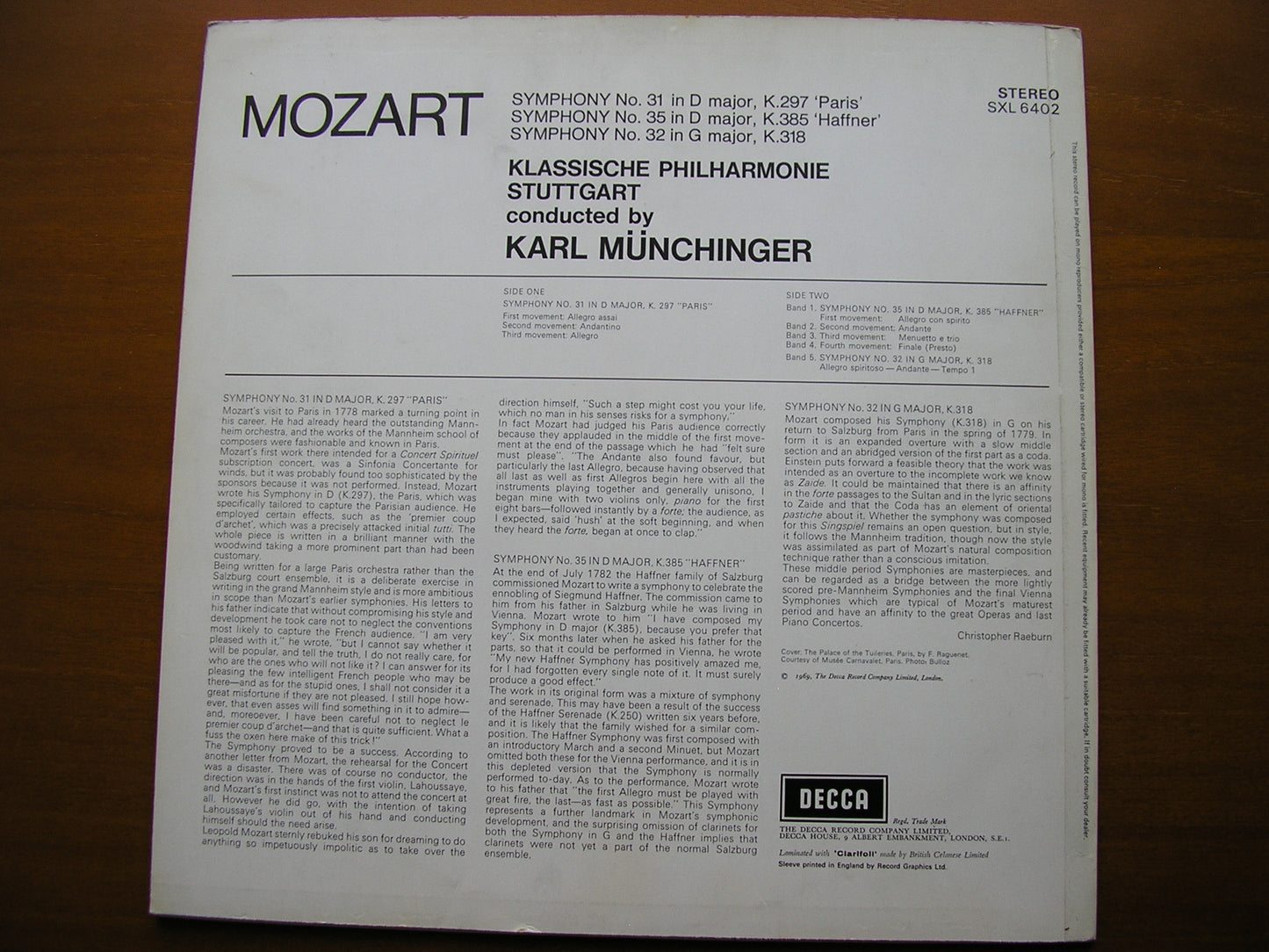 SXL 6402 MOZART: SYMPHONIES Nos. 31 'Paris' / 32 / 35 'Haffner' MUNCHINGER / STUTTGART CHAMBER ORCHESTRA ED3