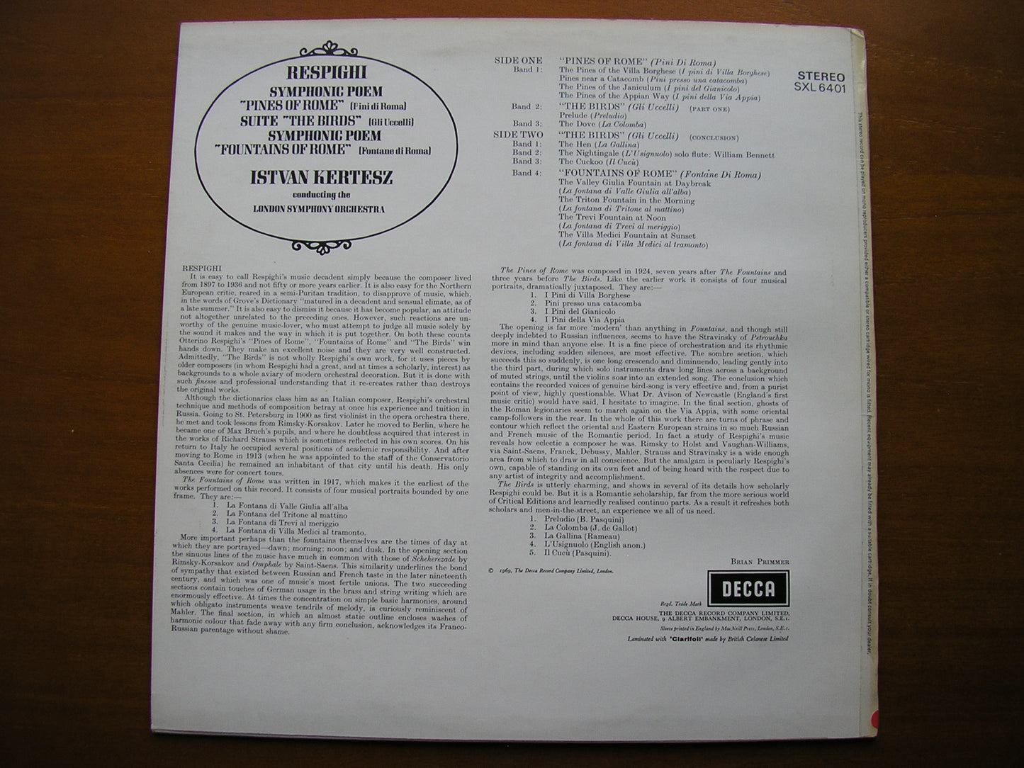 SXL 6401 RESPIGHI: PINES OF ROME / FOUNTAINS OF ROME / THE BIRDS KERTESZ / LONDON SYMPHONY ED3