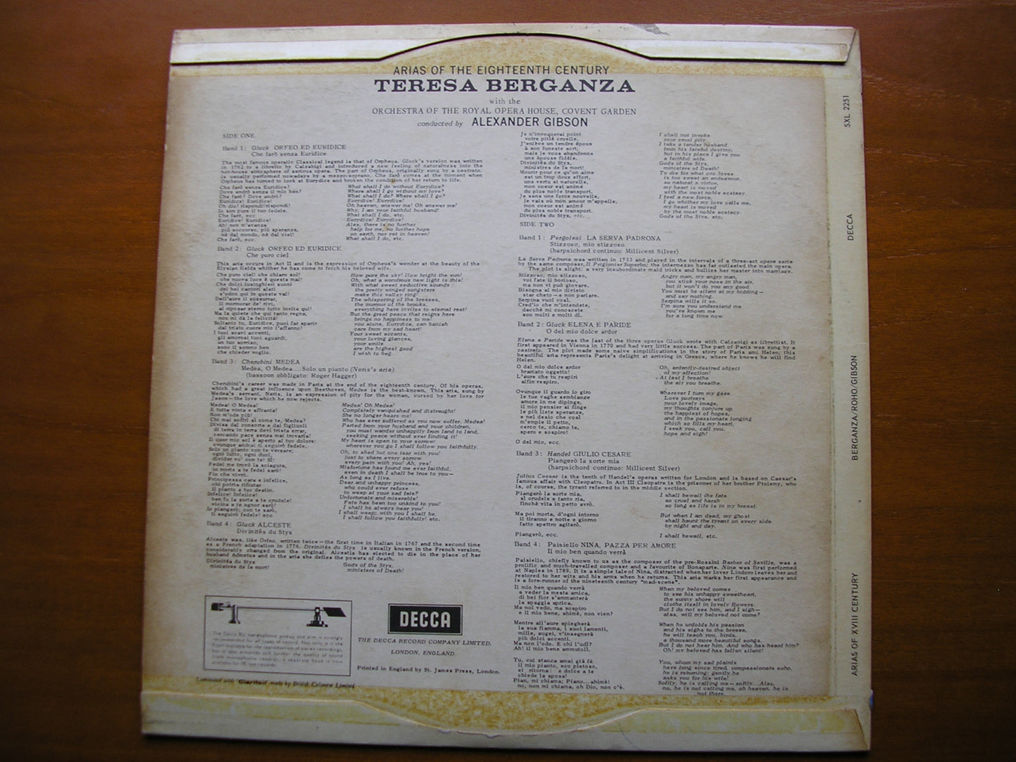 ARIAS OF THE 18th CENTURY: GLUCK / CHERUBINI / HANDEL / PAISIELLO / PERGOLESI TERESA BERGANZA / ORIOHCG / GIBSON SXL 2251