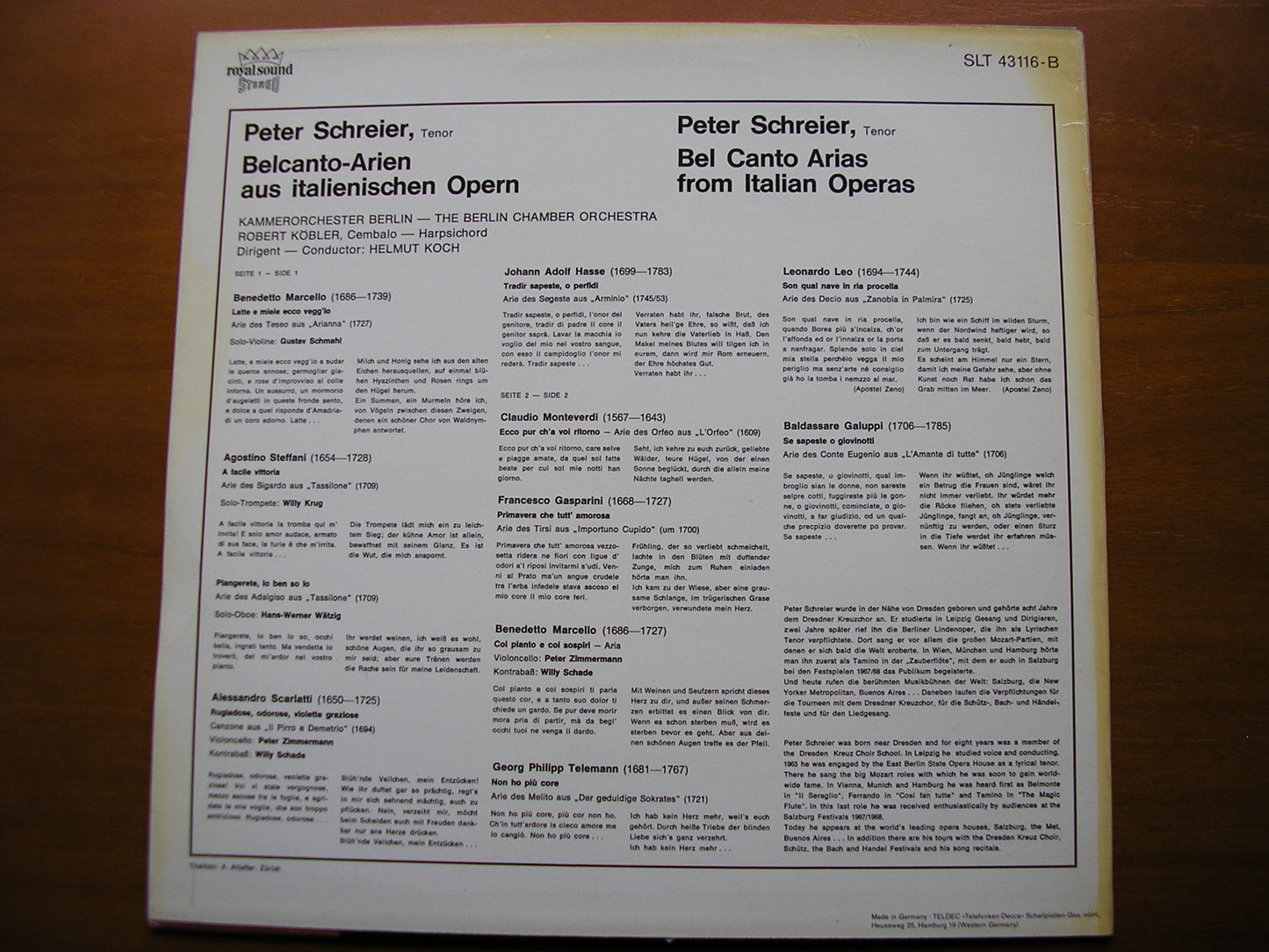 17th & 18th CENTURY BEL CANTO ARIAS: MARCELLO / STEFFANI / HASSE / SCARLATTI / TELEMANN / LEO / GASPARINI SCHREIER / BERLIN CHAMBER ORCHESTRA / KOCH SLT 43116