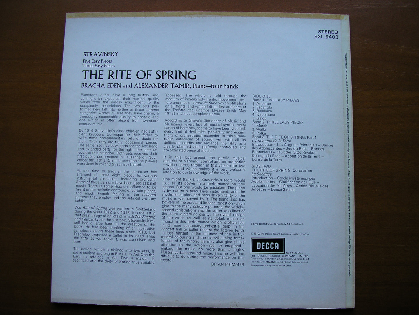 SXL 6403 STRAVINSKY: THE RITE OFSPRING / FIVE EASY PIECES / THREE EASY PIECES EDEN & TAMIR ED3