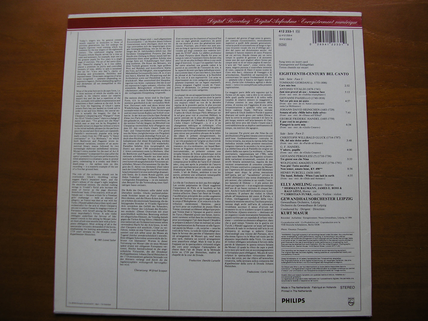 18th CENTURY ARIAS: GLUCK / HEINICHEN / PURCELL / MOZART / HANDEL / PAISIELLO / PERGOLESI / GIORDANI AMELING / LEIPZIG GEWANDHAUS / MASUR 412 233