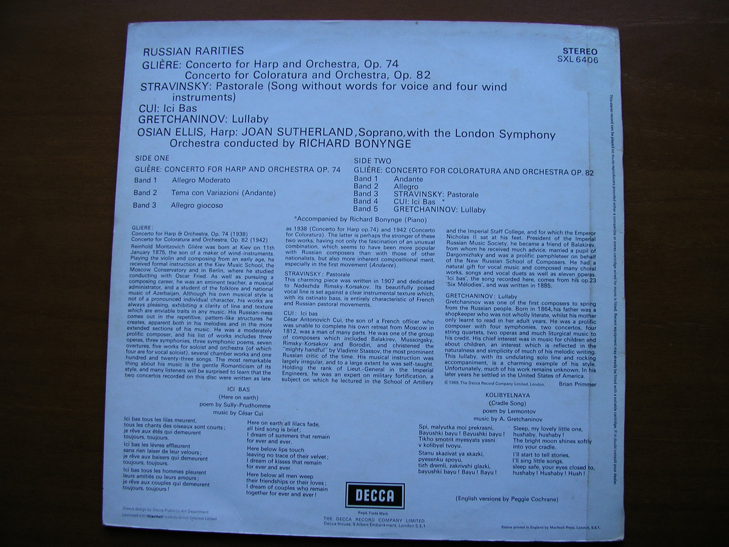 SXL 6406 RUSSIAN RARITIES: GLIERE / STRAVINSKY / GRETCHANINOV /CUI SUTHERLAND / ELLIS / LONDON SYMPHONY / BONYNGE ED3