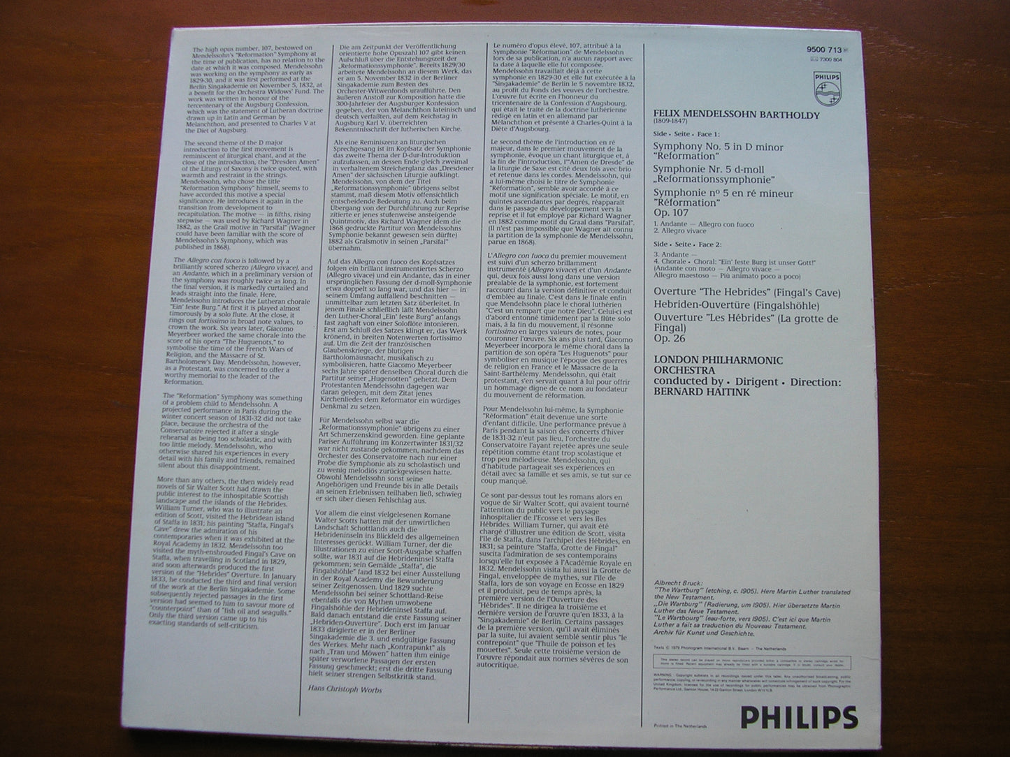 MENDELSSOHN: SYMPHONY No. 5 'Reformation'  / OVERTURE The Hebrides     HAITINK / LONDON PHILHARMONIC    9500 713