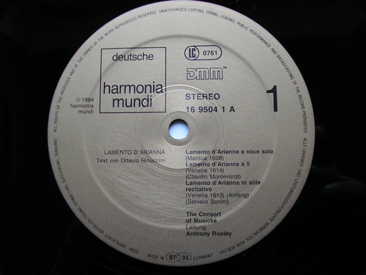 LAMENTO D'ARIANNA: MONTEVERDI / BONINI / PARI / COSTA / VERSO / RASCARINI THE CONSORT OF MUSICKE / ROOLEY 2LP 16 9504
