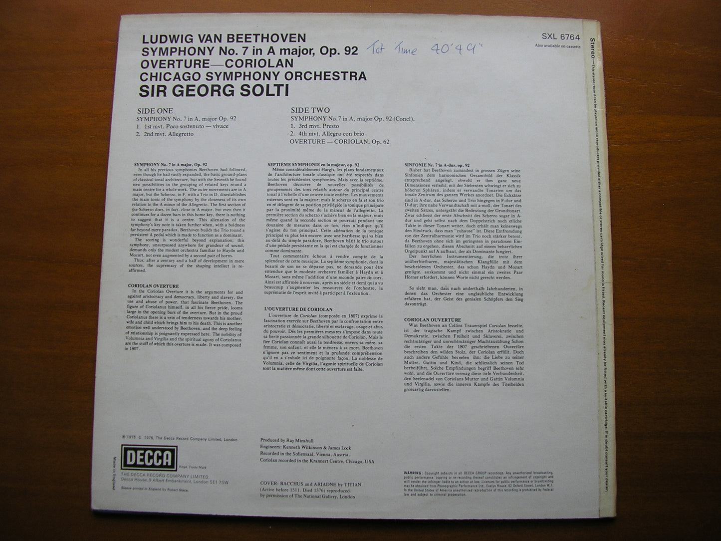 BEETHOVEN: SYMPHONY No. 7 / OVERTURE 'Coriolan' SOLTI / CHICAGO SYMPHONY SXL 6764 SXL 6764