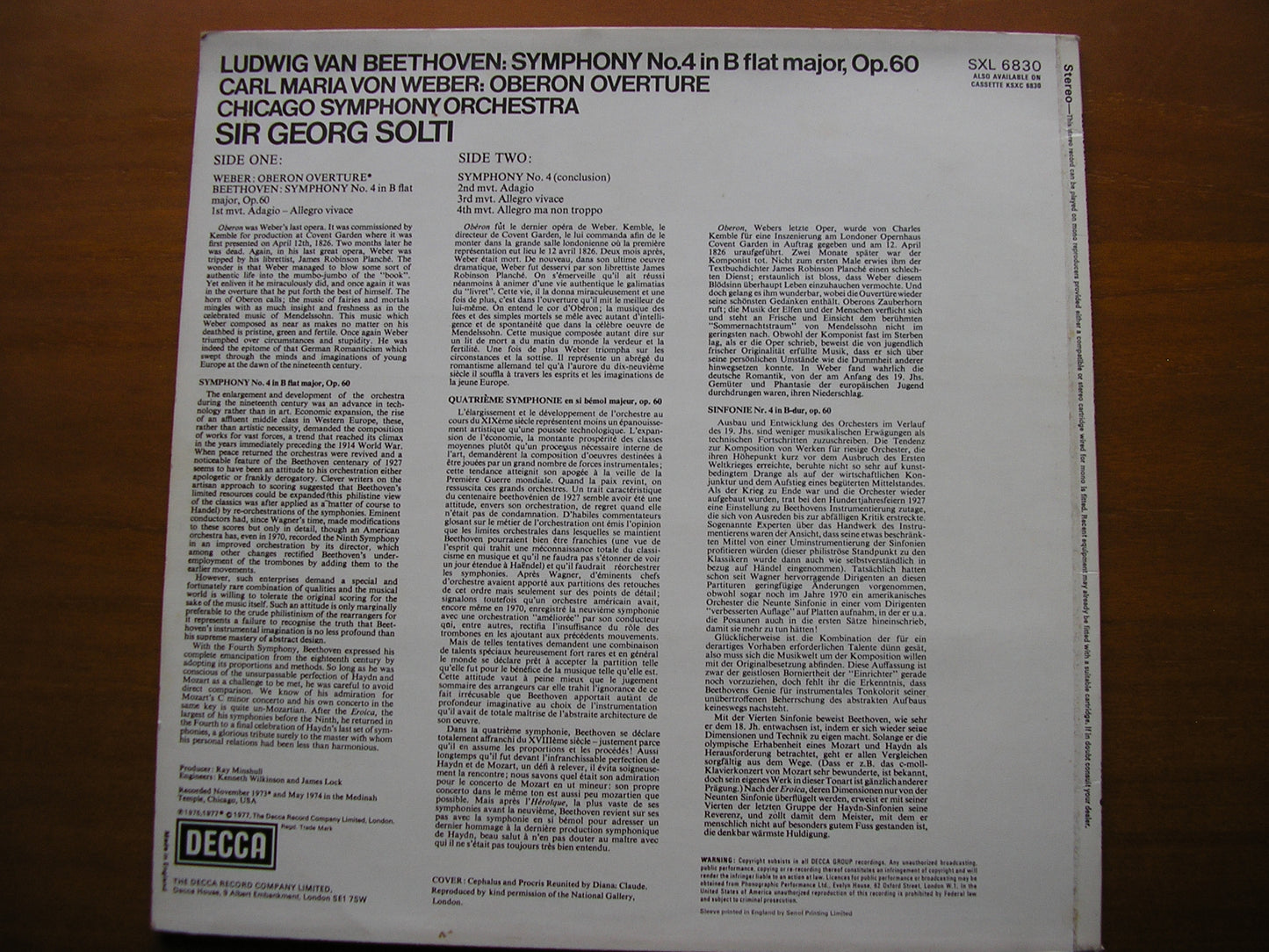 BEETHOVEN: SYMPHONY No. 4 / WEBER: OVERTURE 'Oberon' SOLTI / CHICAGO SYMPHONY SXL6830