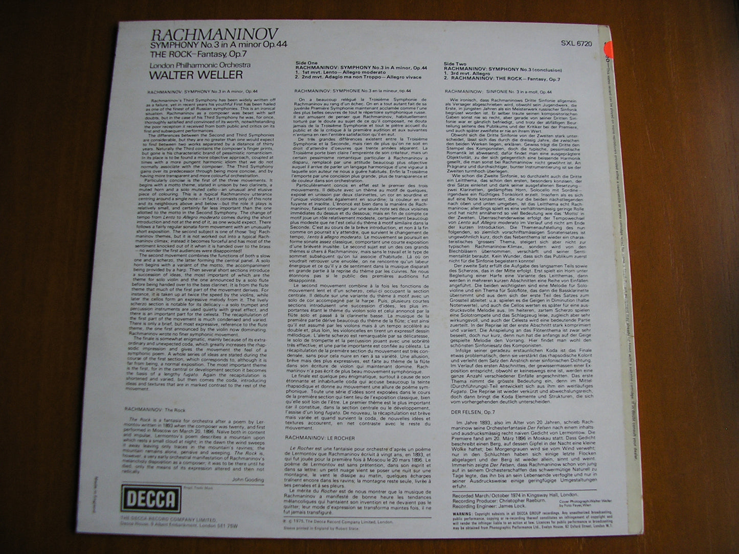 RACHMANINOV: SYMPHONY No. 3 / THE ROCK WELLER /LONDON PHILHARMONIC test pressing SXL 6720