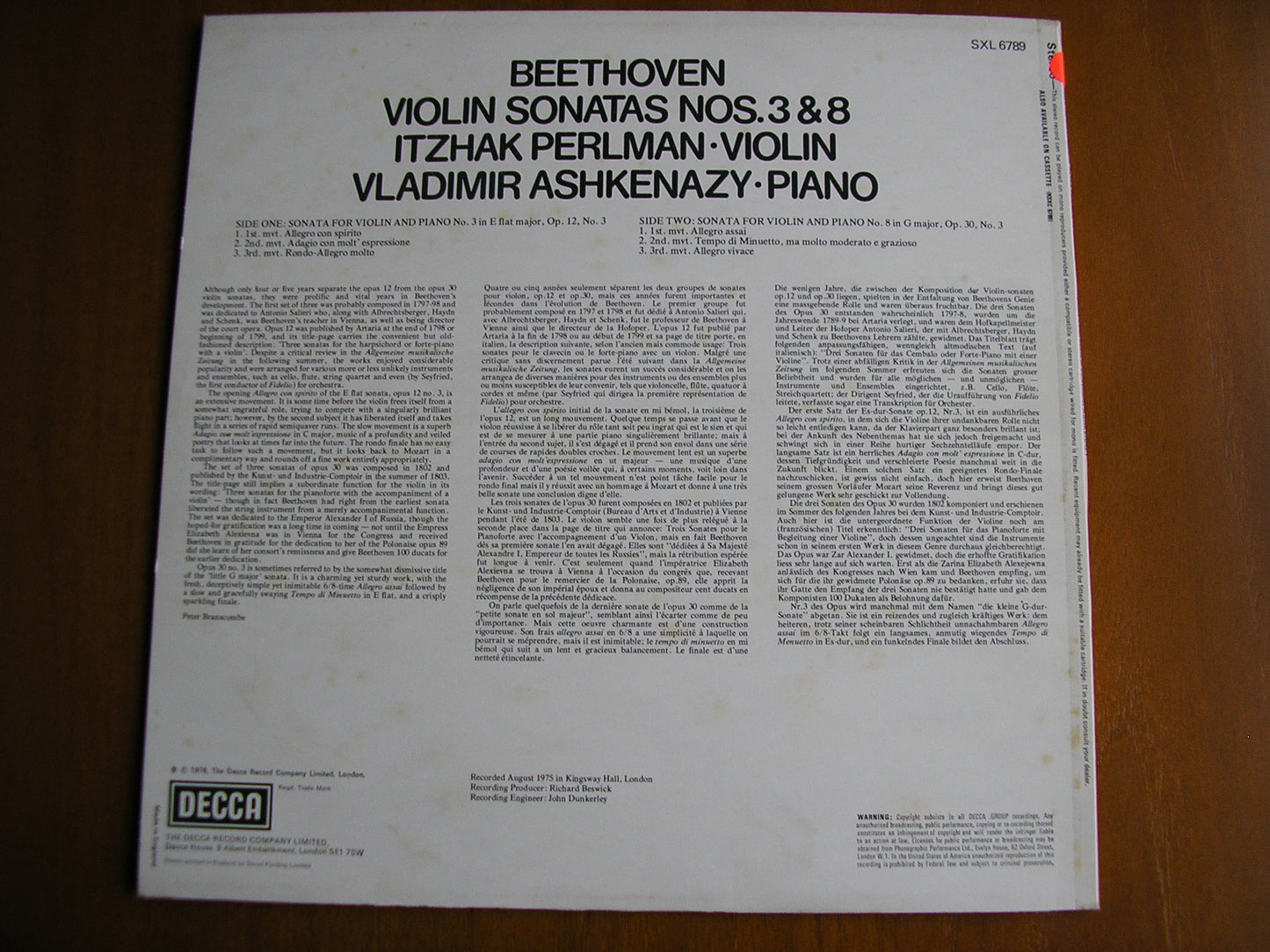 BEETHOVEN: VIOLIN SONATAS Op. 12 No. 3 & Op. 30 No. 3 PERLMAN / ASHKENAZY test pressing SXL 6789