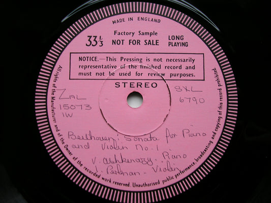 BEETHOVEN: VIOLIN SONATAS Op. 12 No. 1 & Op. 96 PERLMAN / ASHKENAZY test pressing SXL 6790