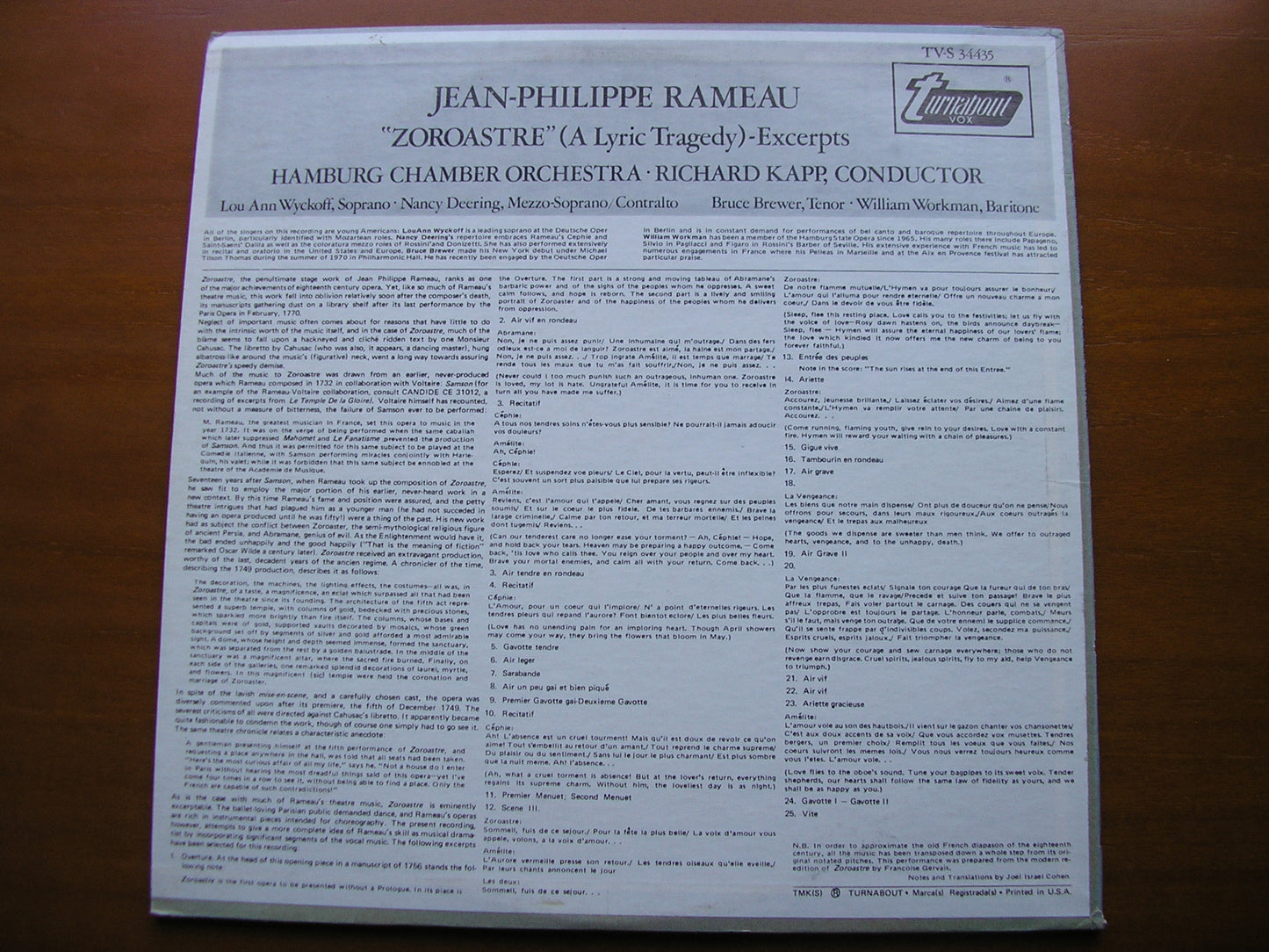 RAMEAU: ZOROASTRE  excerpts   SOLOISTS / HABURG CHAMBER ORCHESTRA / KAPP    TVS 34435