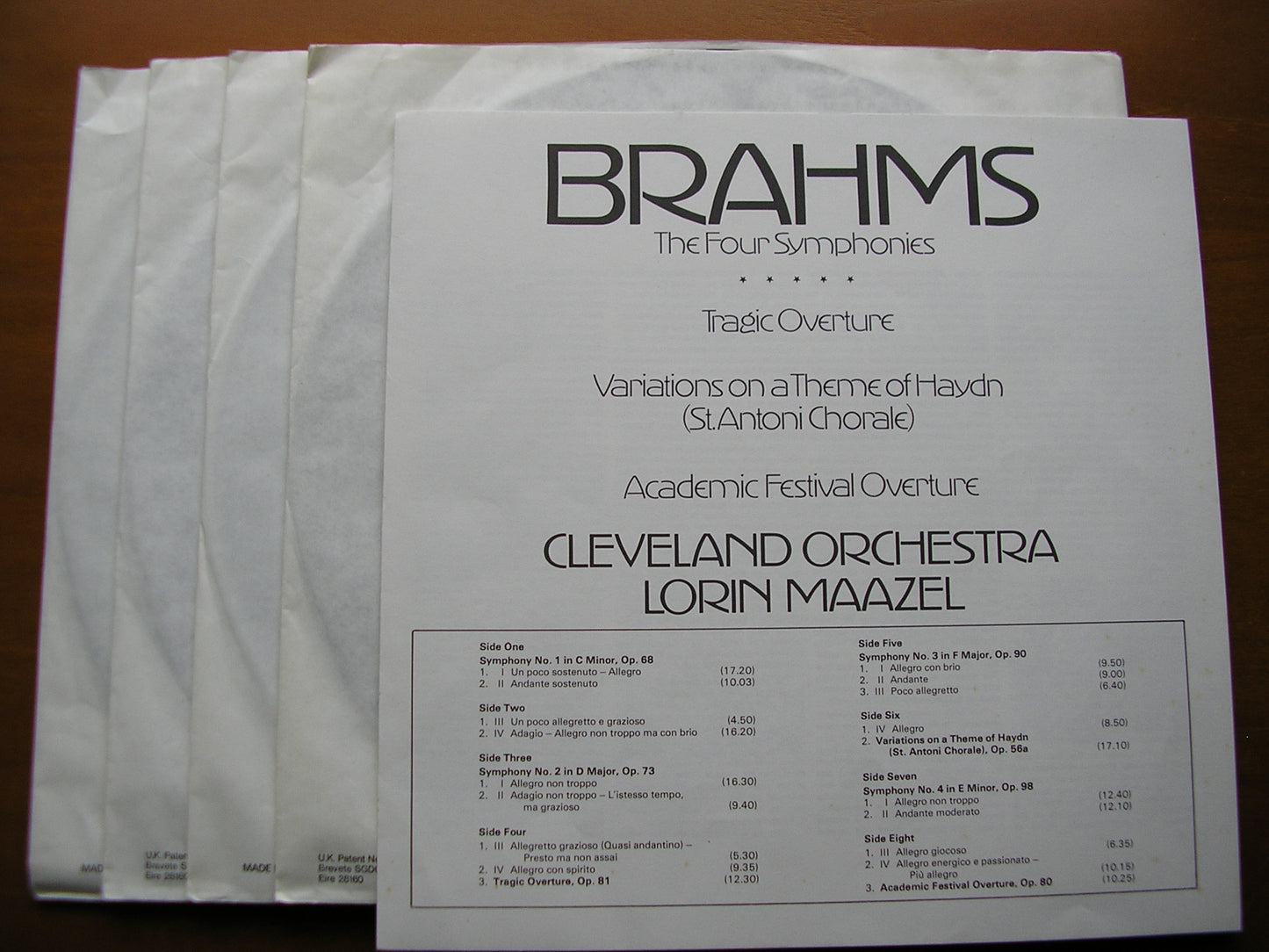 BRAHMS: THE FOUR SYMPHONIES / OVERTURES / HAYDN VARIATIONS MAAZEL / CLEVELAND ORCHESTRA test pressing 4 LP D39D 4