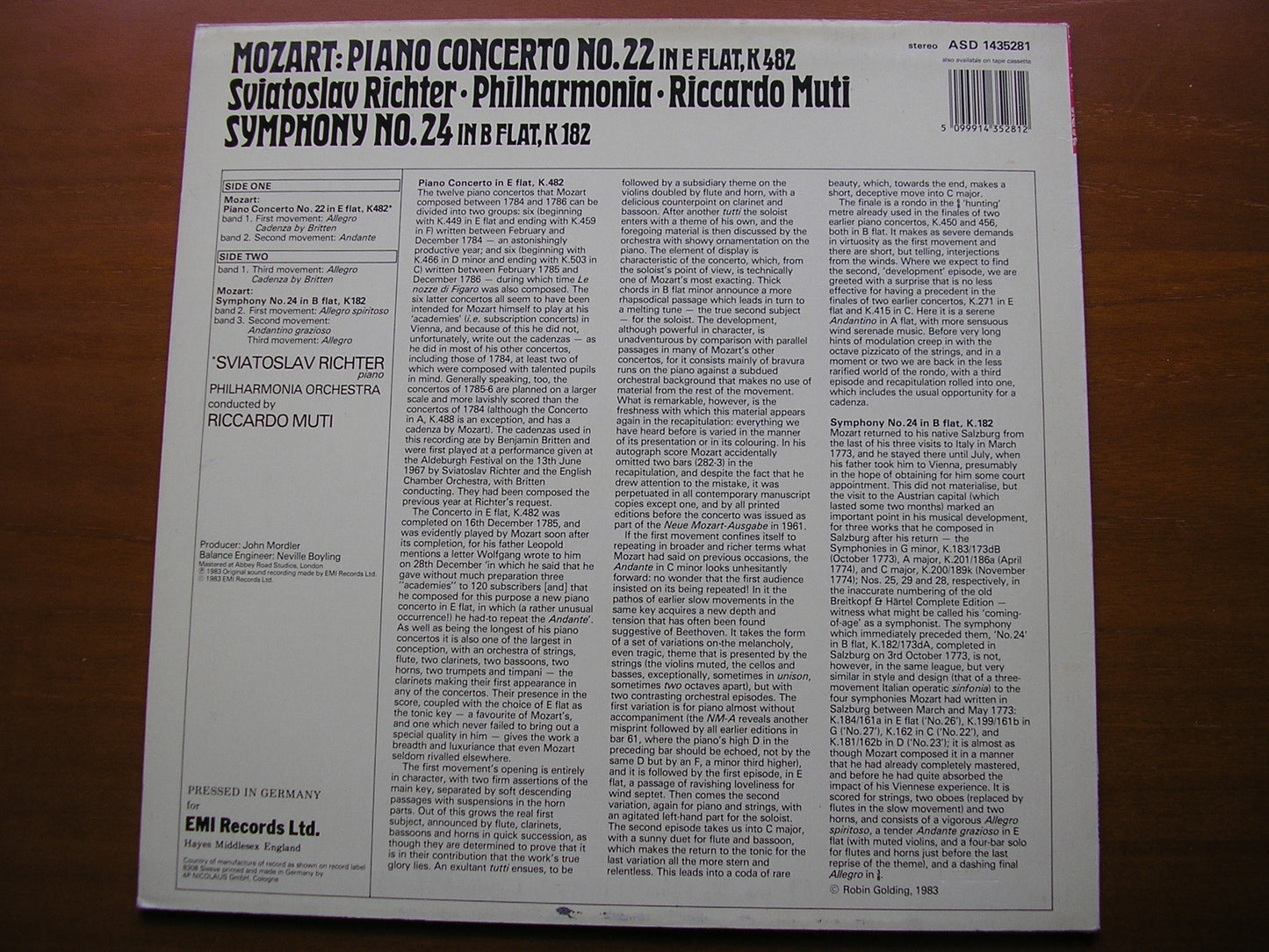 MOZART: PIANO CONCERTO No. 22 / SYMPHONY No. 24      RICHTER / PHILHARMONIA / MUTI        ASD 1435281
