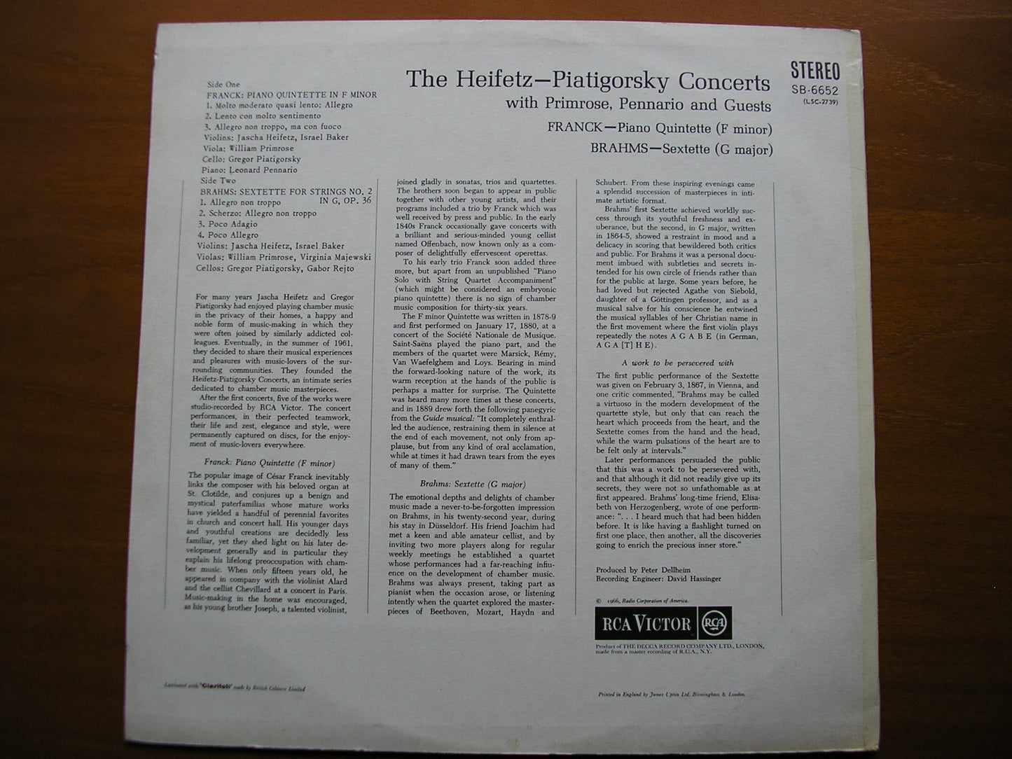 FRANCK: PIANO QUINTET / BRAHMS: SEXTETTE HEIFETZ / PIATIGORSKY / PRIMROSE SB 6652