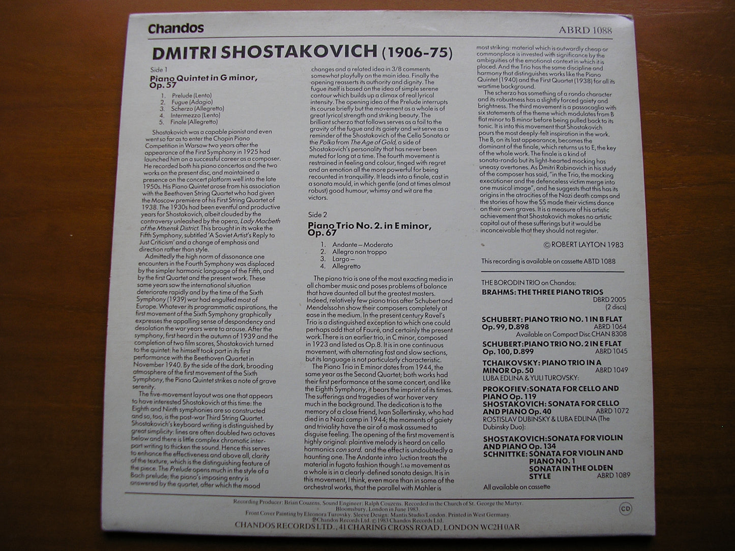 SHOSTAKOVICH: PIANO QUINTET in G / PIANO TRIO No. 2 ZWEIG / HORNER / THE BORODIN TRIO ABRD 1088