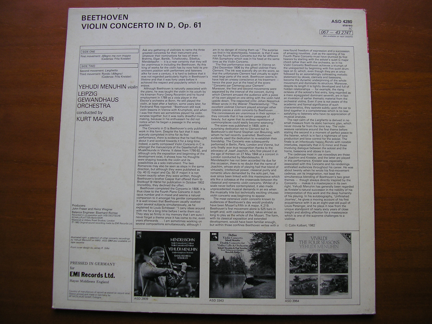 BEETHOVEN: VIOLIN CONCERTO      MENUHIN / LEIPZIG GEWANDHAUS / MASUR      ASD 4280