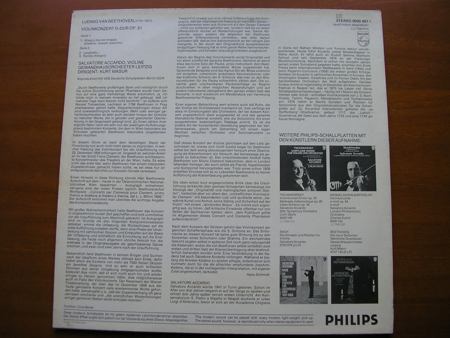 BEETHOVEN: VIOLIN CONCERTO ACCARDO / LEIPZIG GEWANDHAUS / MASUR 9500 407