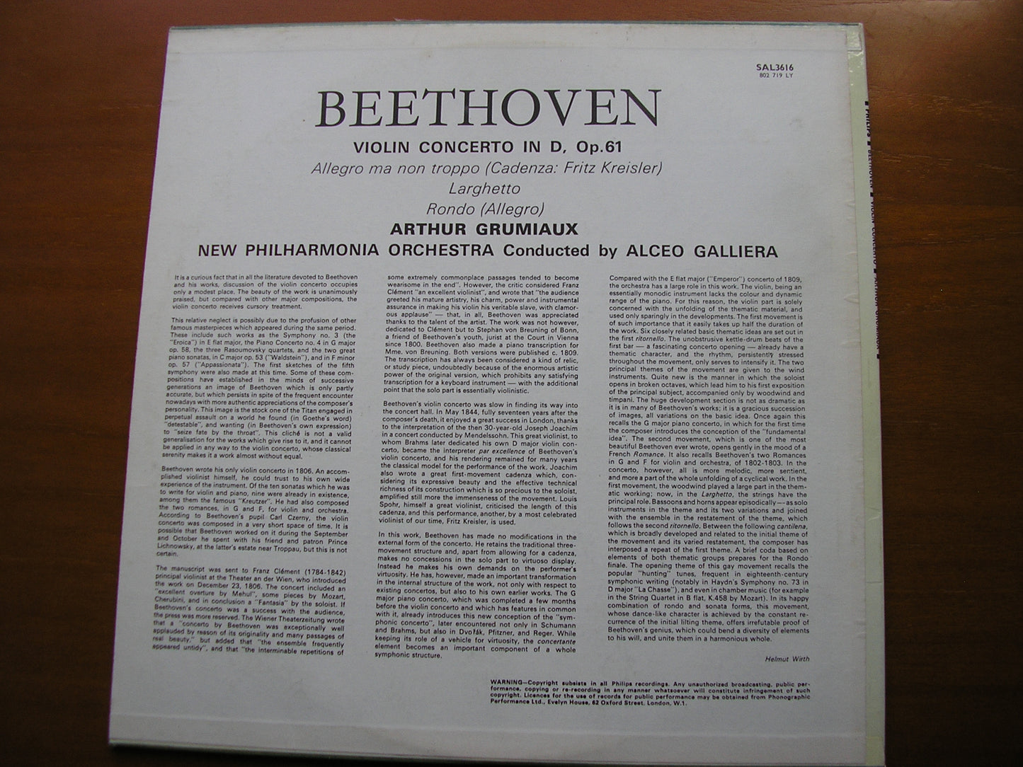 BEETHOVEN: VIOLIN CONCERTO GRUMIAUX / NEW PHILHARMONIA / GALLIERA SAL 3616