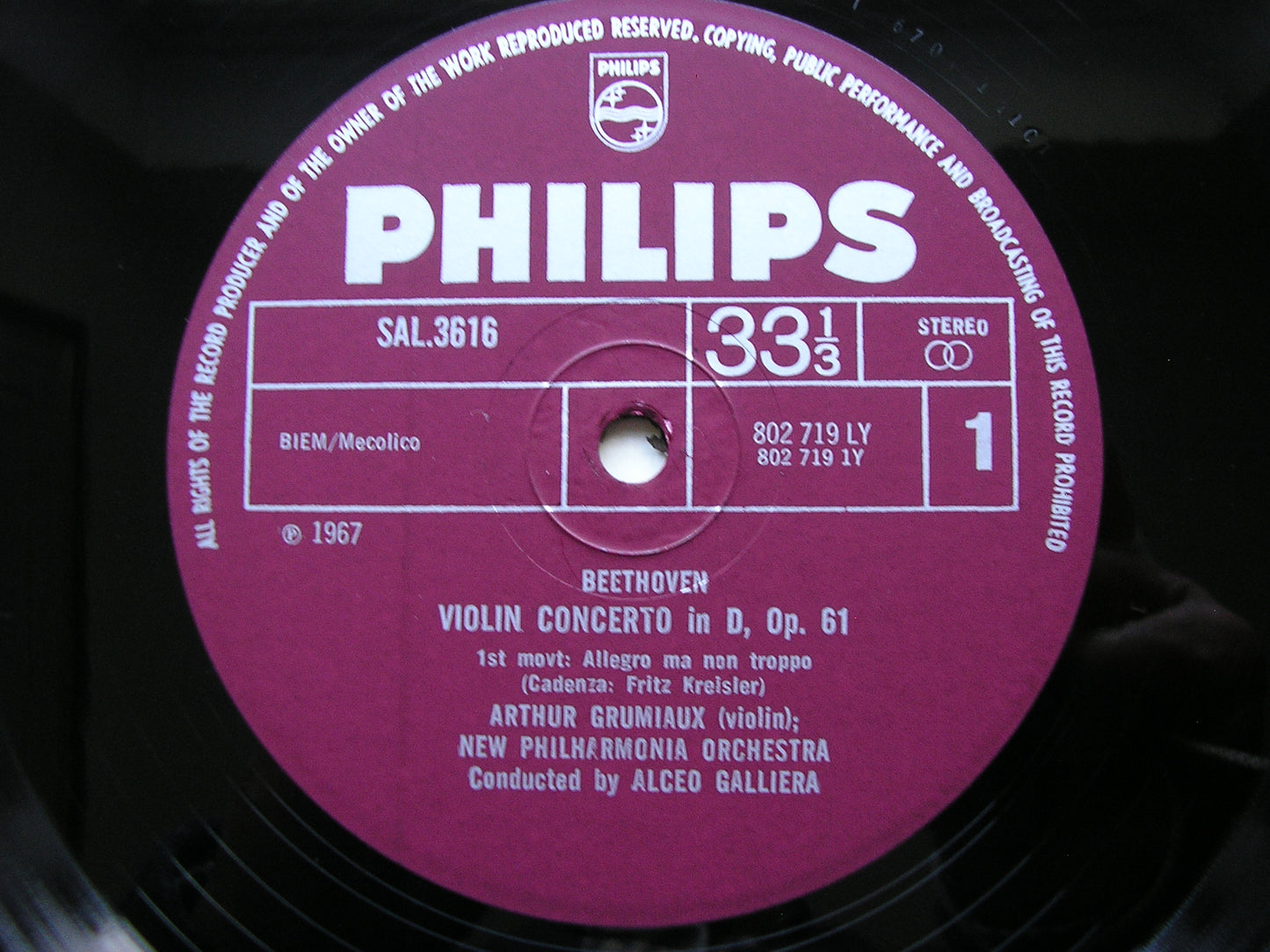 BEETHOVEN: VIOLIN CONCERTO GRUMIAUX / NEW PHILHARMONIA / GALLIERA SAL 3616