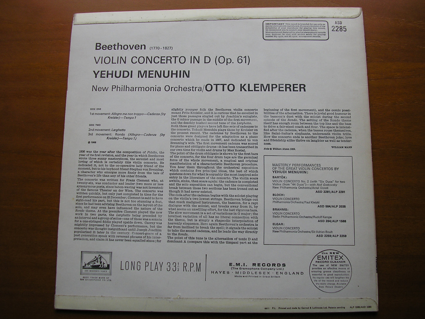 BEETHOVEN: VIOLIN CONCERTO MENUHIN / NEW PHILHARMONIA / KLEMPERER ASD 2285