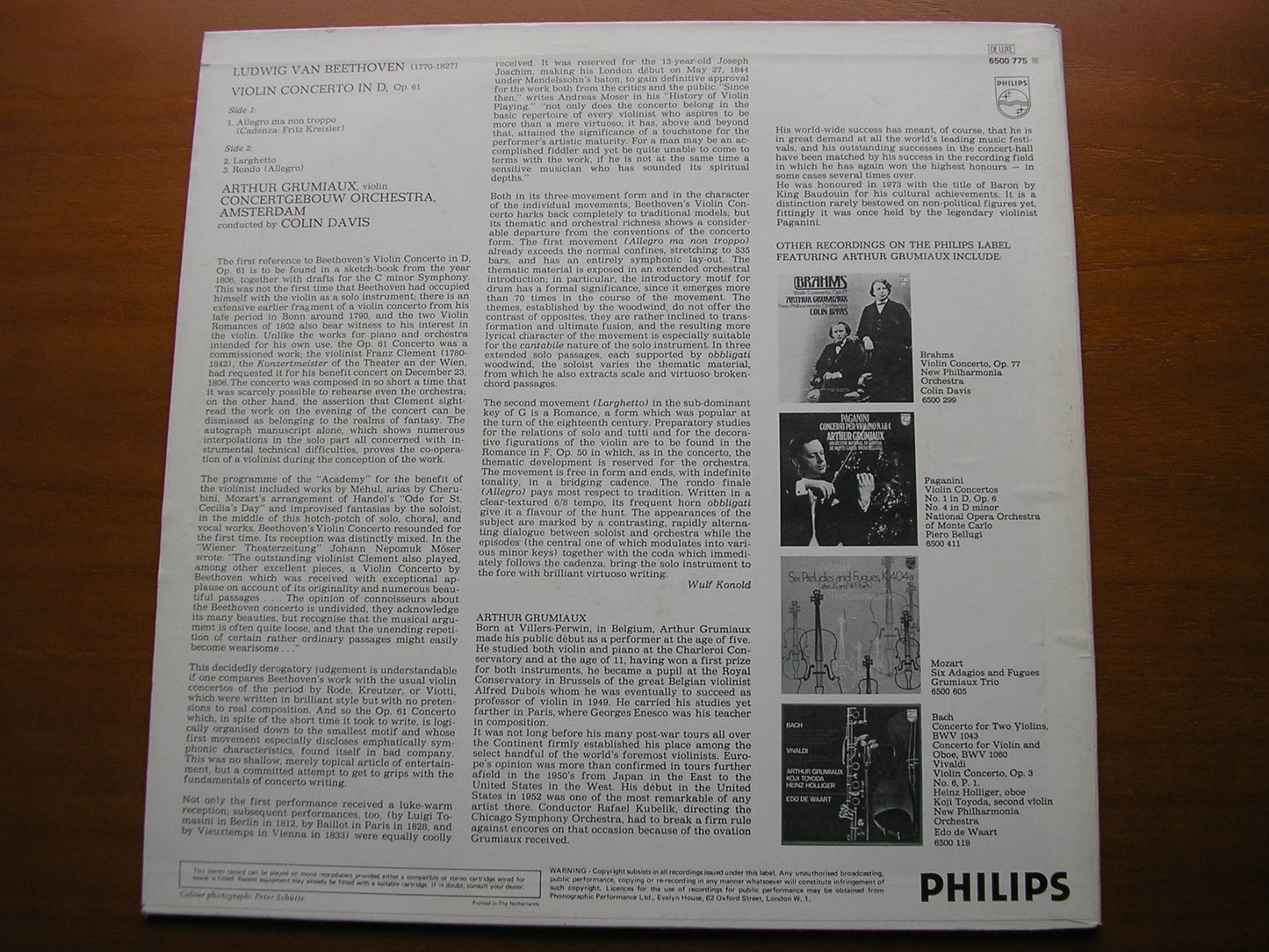 BEETHOVEN: VIOLIN CONCERTO       GRUMIAUX / CONCERTGEBOUW ORCHESTRA / DAVIS     6500 775