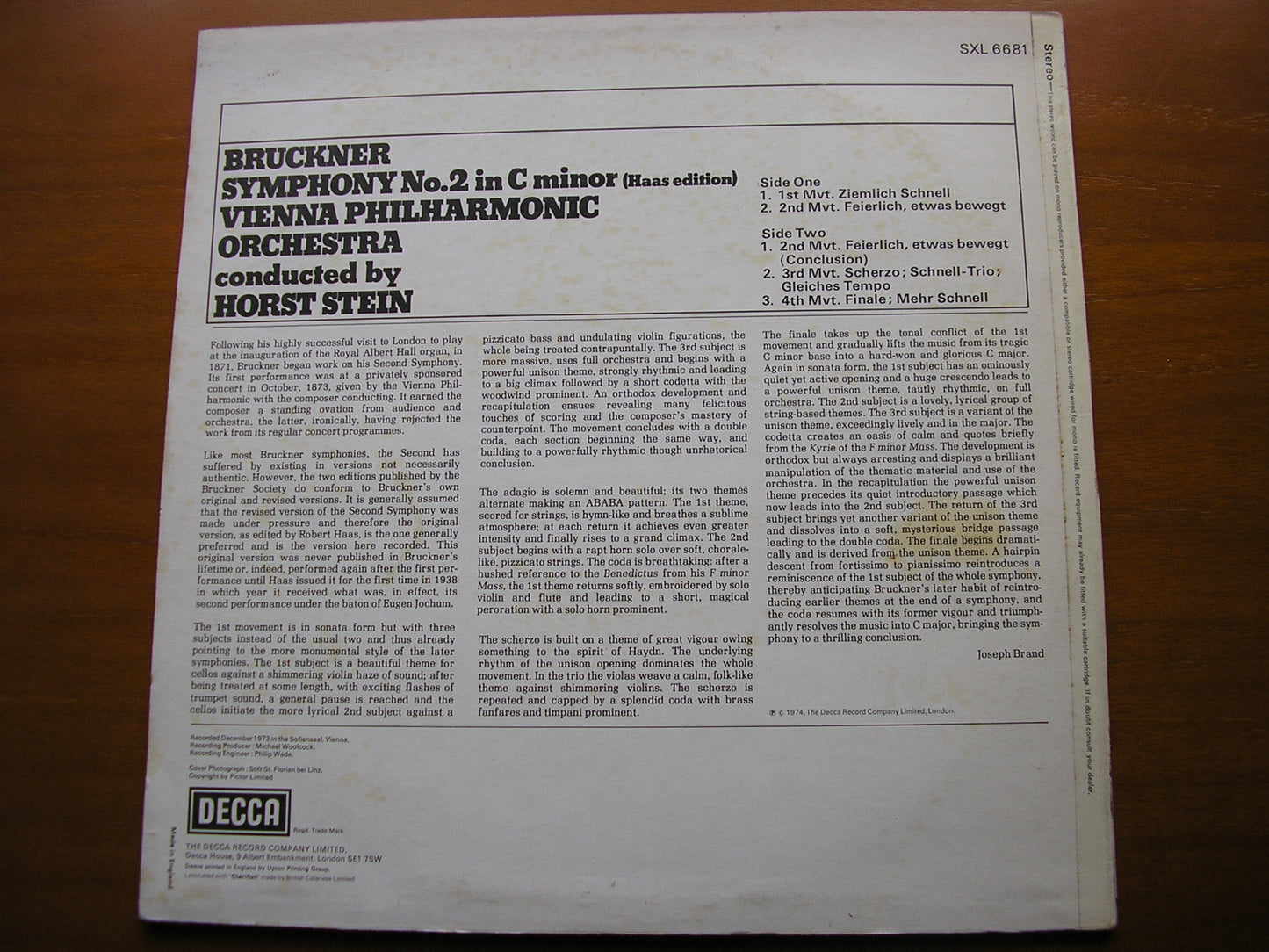 BRUCKNER: SYMPHONY No. 2       STEIN / VIENNA PHILHARMONIC      SXL 6681