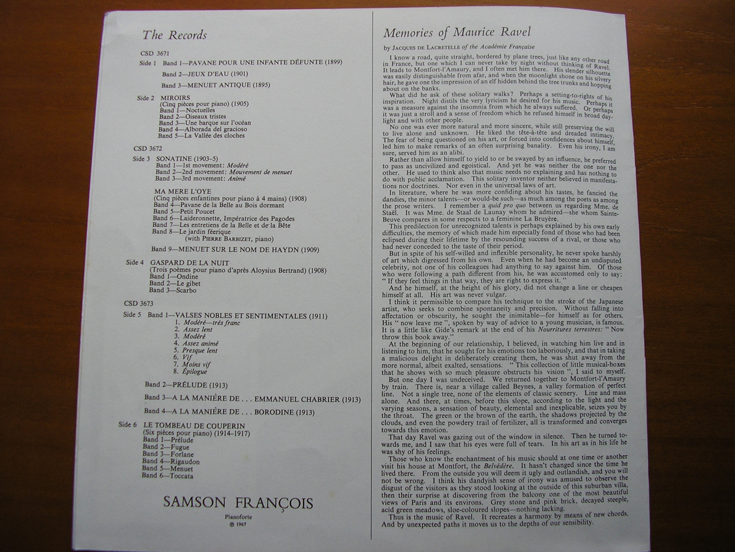 RAVEL: PIANO WORKS SAMSON FRANCOIS 3 LP SLS 783
