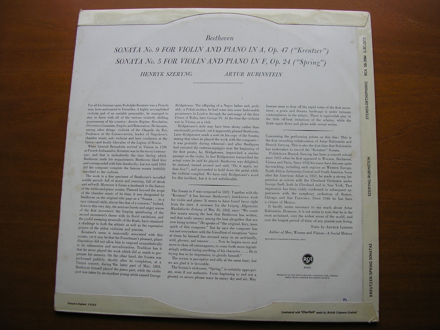 BEETHOVEN: SONATAS FOR VIOLIN & PIANO 'Kreutzer' Op. 47 / 'Spring' Op. 24 SZERYNG / RUBINSTEIN SB 2084