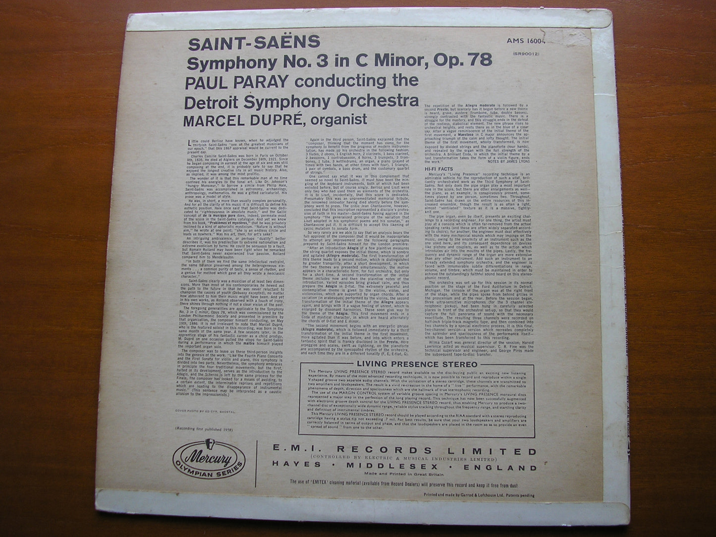 SAINT-SAENS: SYMPHONY No. 3 DUPRE / DETROIT SYMPHONY / PARAY AMS 16004