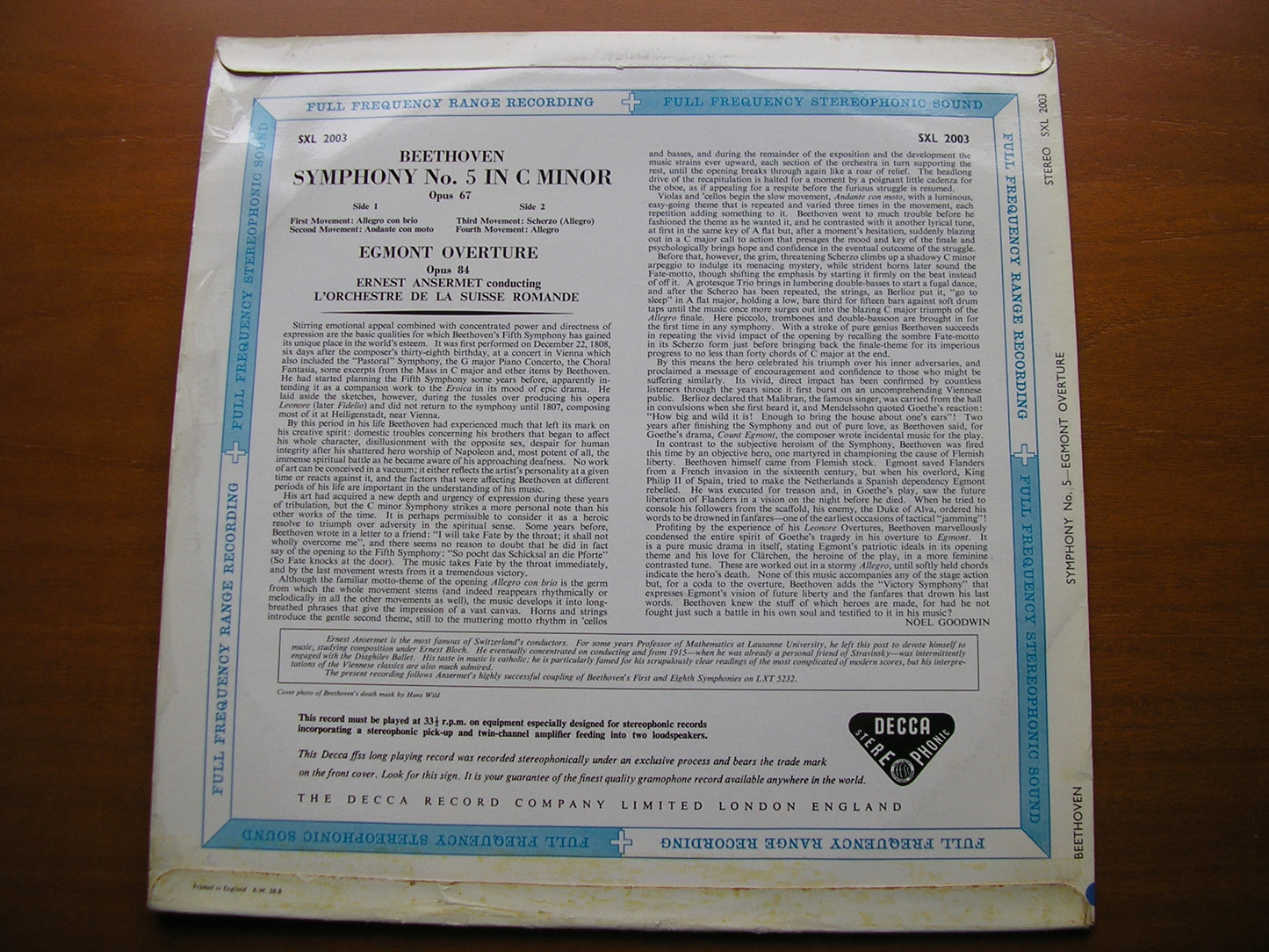 BEETHOVEN: SYMPHONY No. 5 / EGMONT OVERTURE ANSERMET / SUISSE ROMANDE SXL 2003