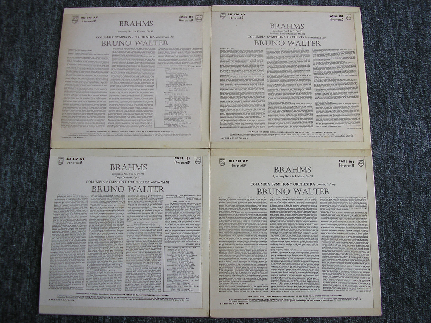 BRAHMS: THE FOUR SYMPHONIES / TWO OVERTURES BRUNO WALTER / COLUMBIA SYMPHONY SABL 181 - 184