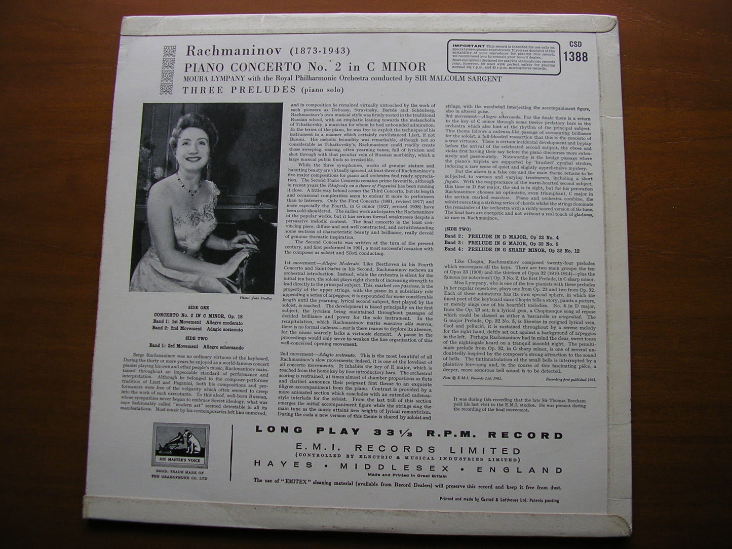 RACHMANINOV: PIANO CONCERTO No. 2 / THREE PRELUDES    LYMPANY / ROYAL PHILHARMONIC / SARGENT      CSD 1388