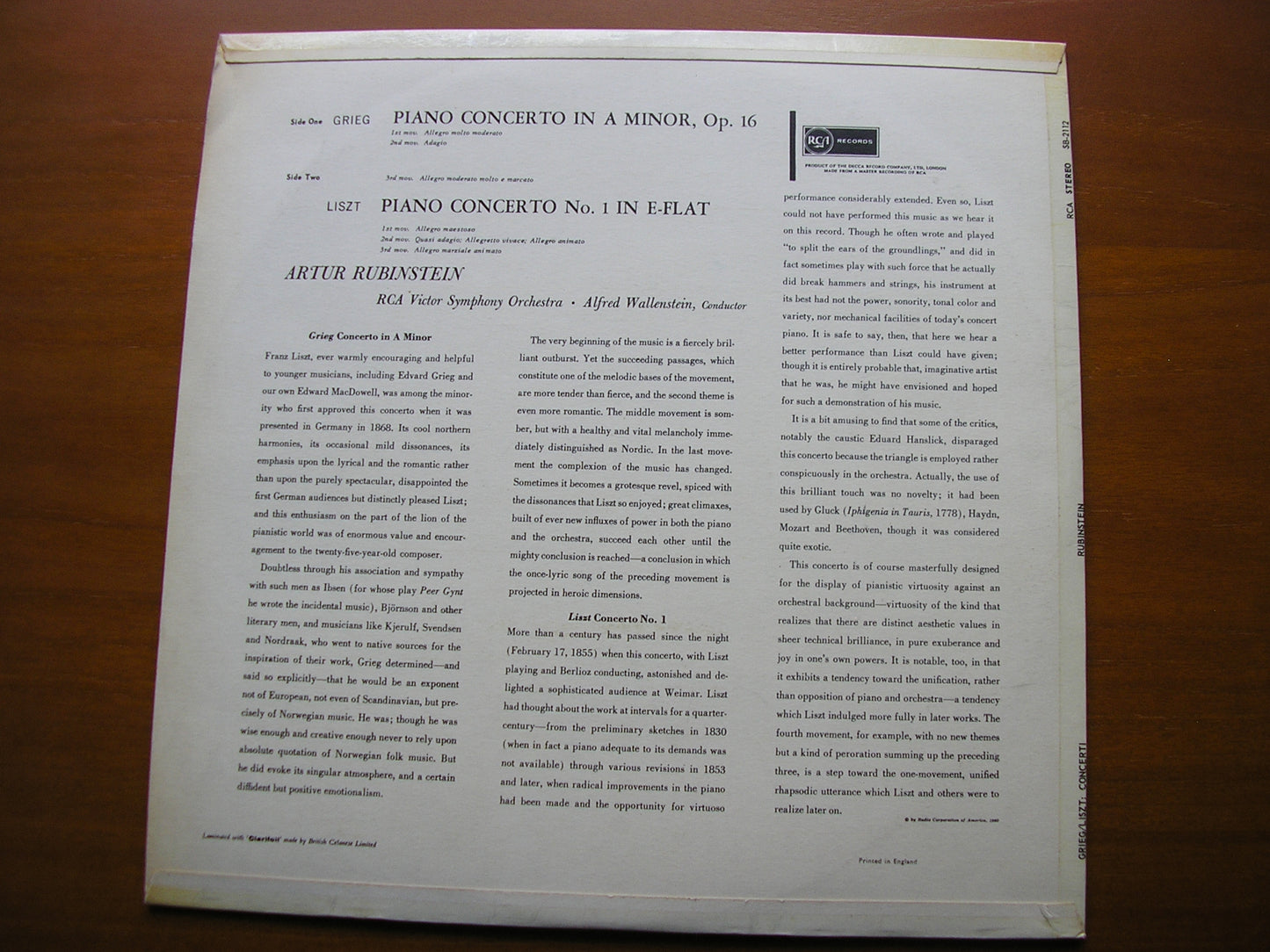 GRIEG: PIANO CONCERTO / LISZT: PIANO CONCERTO No. 1 ARTUR RUBINSTEIN / RCA VICTOR SYMPHONY / WALLENSTEIN SB 2112