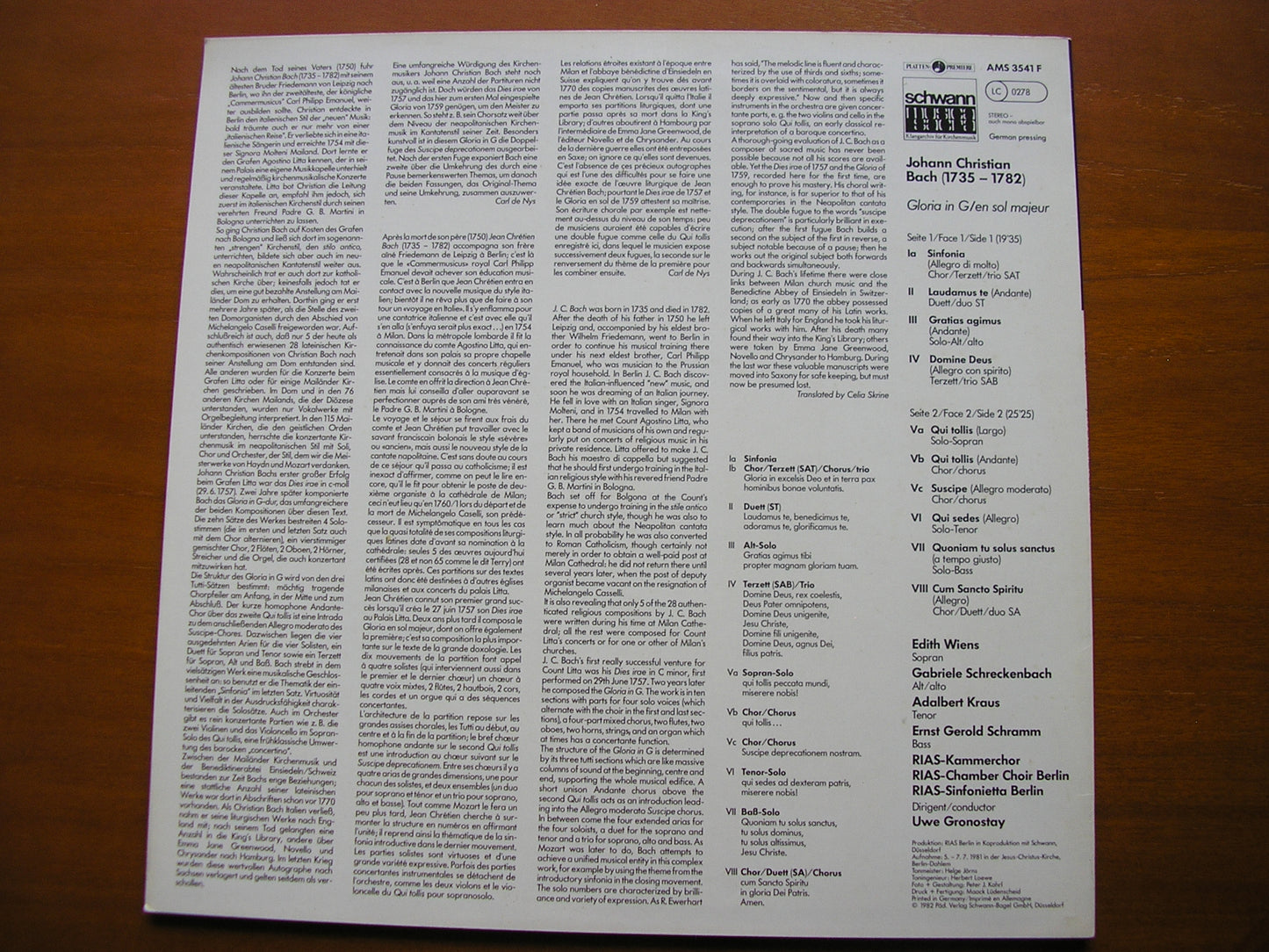 JC BACH: GLORIA in G SOLOISTS / BERLIN RADIO SYMPHONY / GRONOSTAY AMS 3541