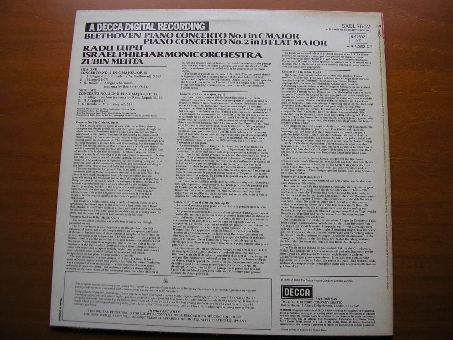 BEETHOVEN: PIANO CONCERTOS Nos. 1 & 2 RADU LUPU / ISRAEL PHILHARMONIC / ZUBIN MEHTA SXDL 7502