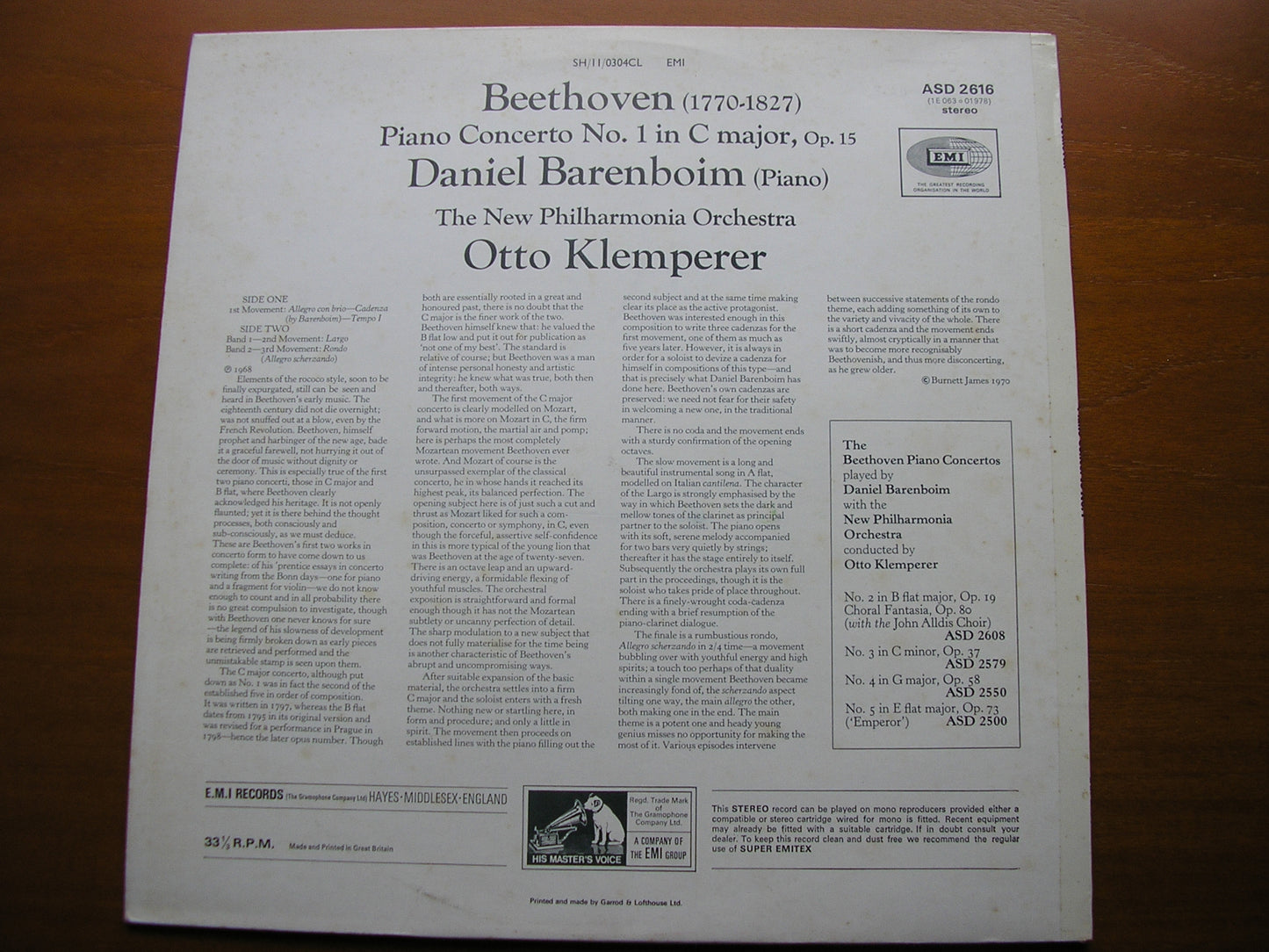 BEETHOVEN: PIANO CONCERTO No. 1 BARENBOIM / NEW PHILHARMONIA / OTTO KLEMPERER ASD 2616