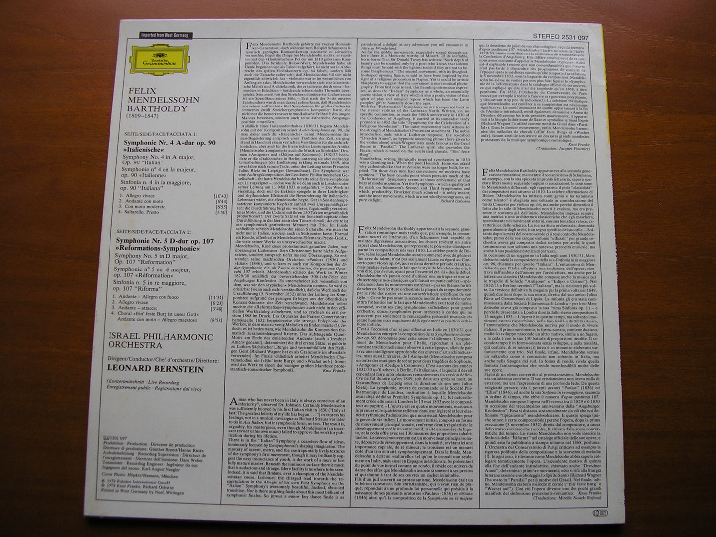 MENDELSSOHN: SYMPHONIES Nos. 4 & 5 BERNSTEIN / ISRAEL PHILHARMONIC ORCHESTRA 2531 097