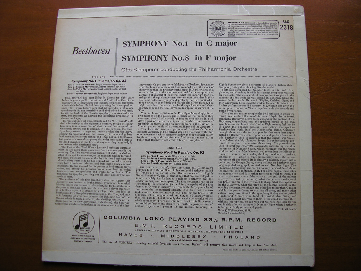 SAX 2318 BEETHOVEN: SYMPHONIES Nos. 1 & 8 KLEMPERER / PHILHARMONIA