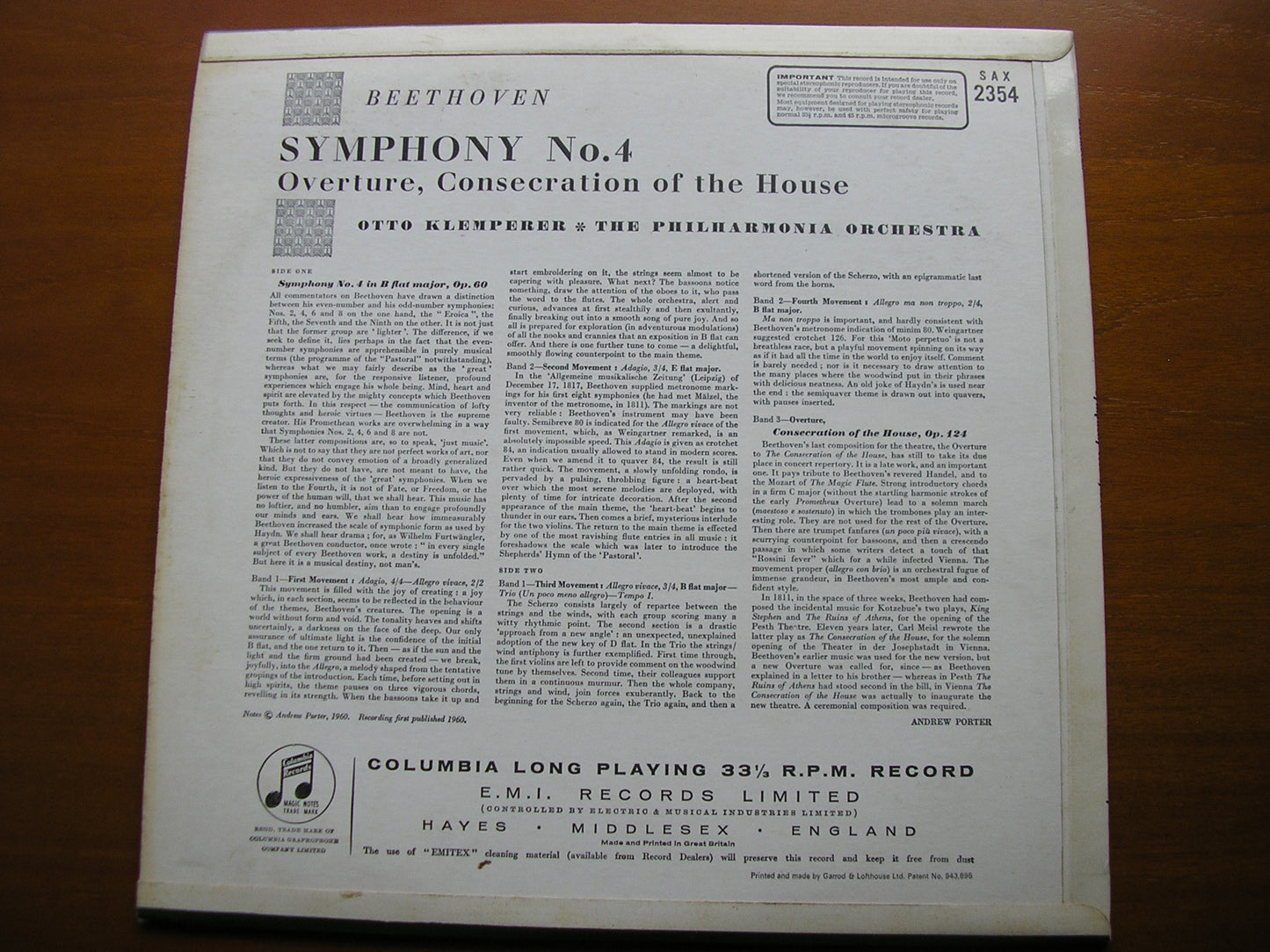 SAX 2354 BEETHOVEN: SYMPHONY No. 4 / OVERTURE Consecration of the House OTTO KLEMPERER / PHILHARMONIA